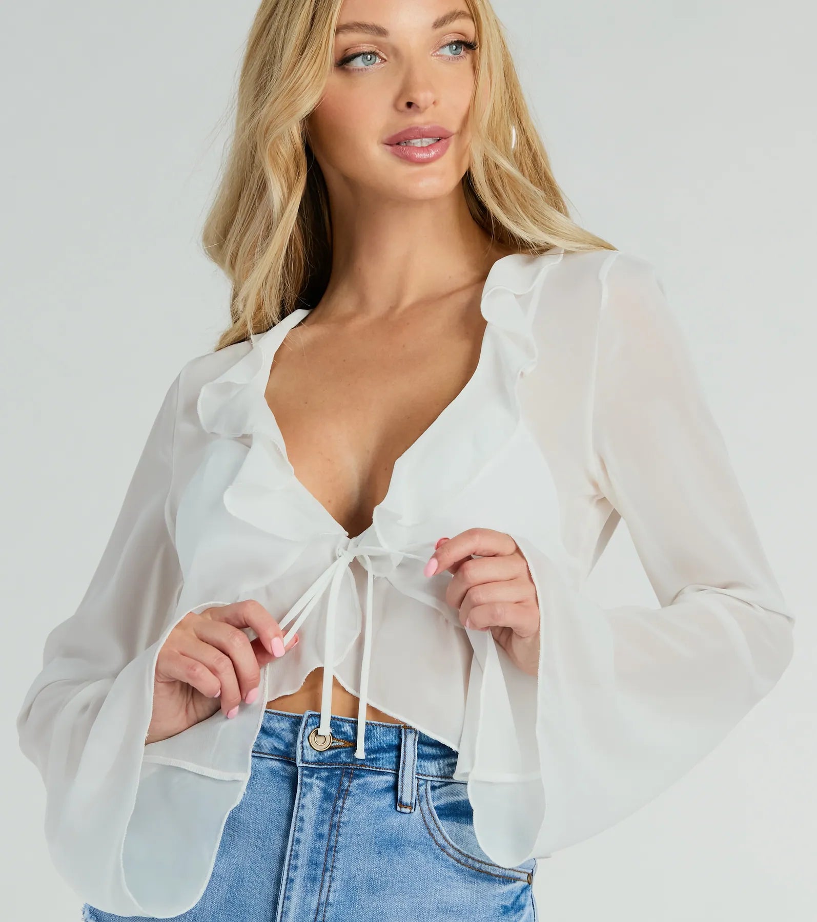 Finding Inspiration Ruffled Tie Front Chiffon Top