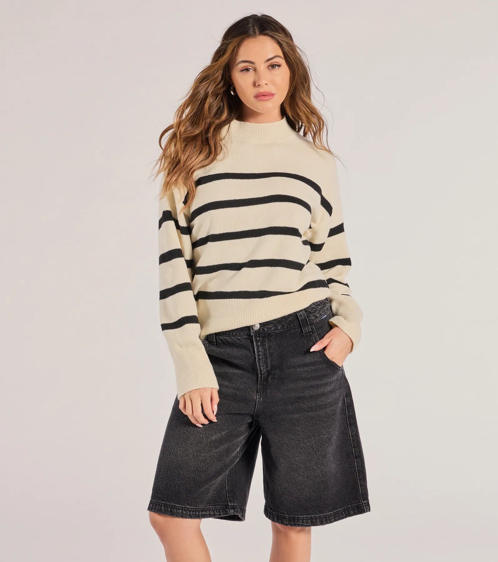 Preppy Casual Striped Knit Mock Neck Sweater