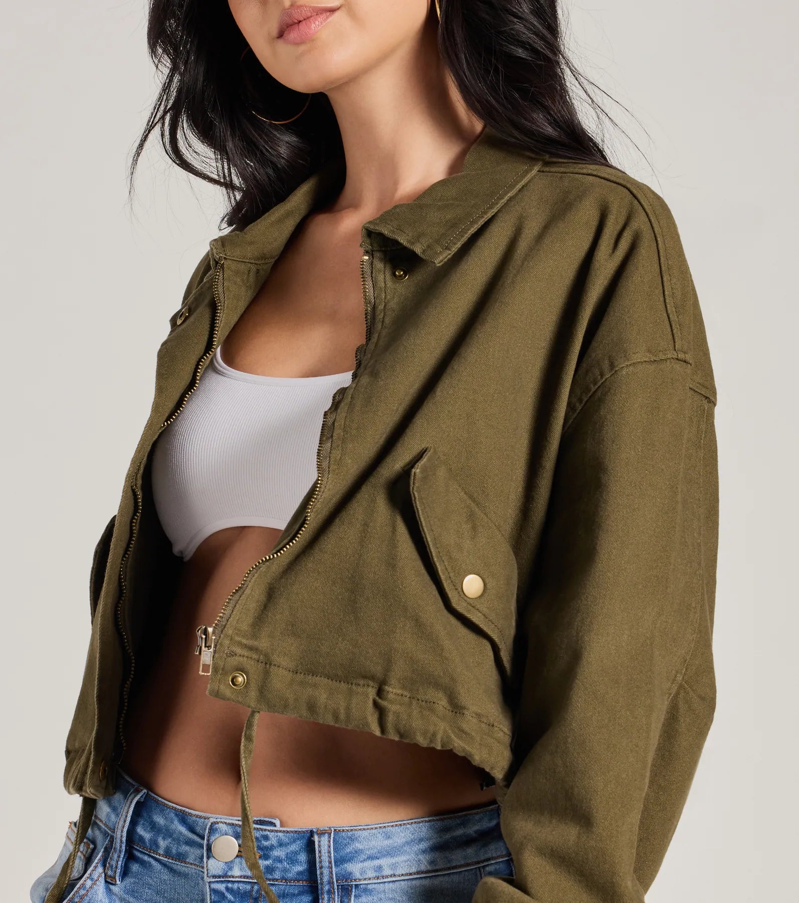 Top Notch Cargo Twill Crop Bomber Jacket