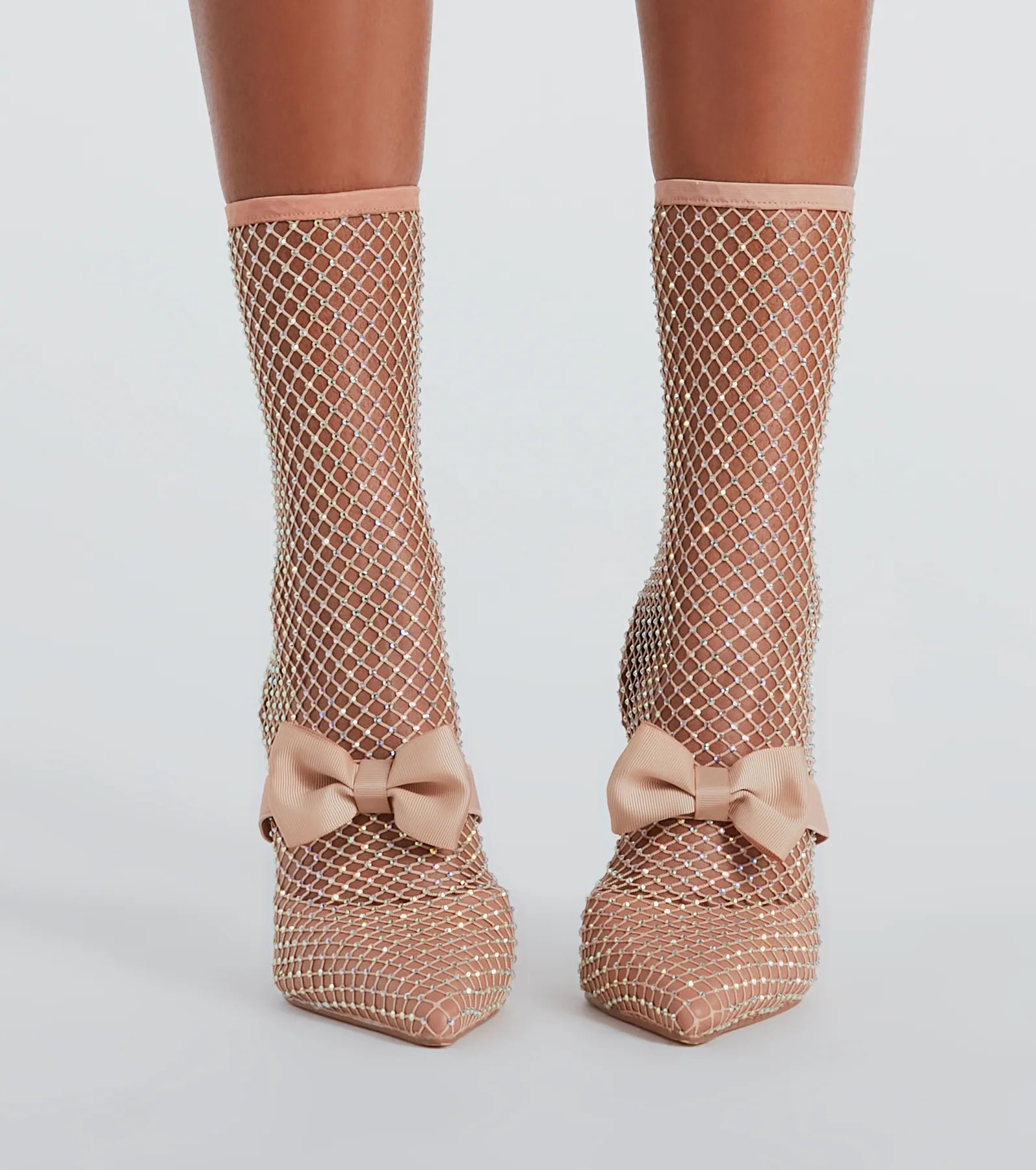 Model Strut Rhinestone Fishnet Stiletto Booties