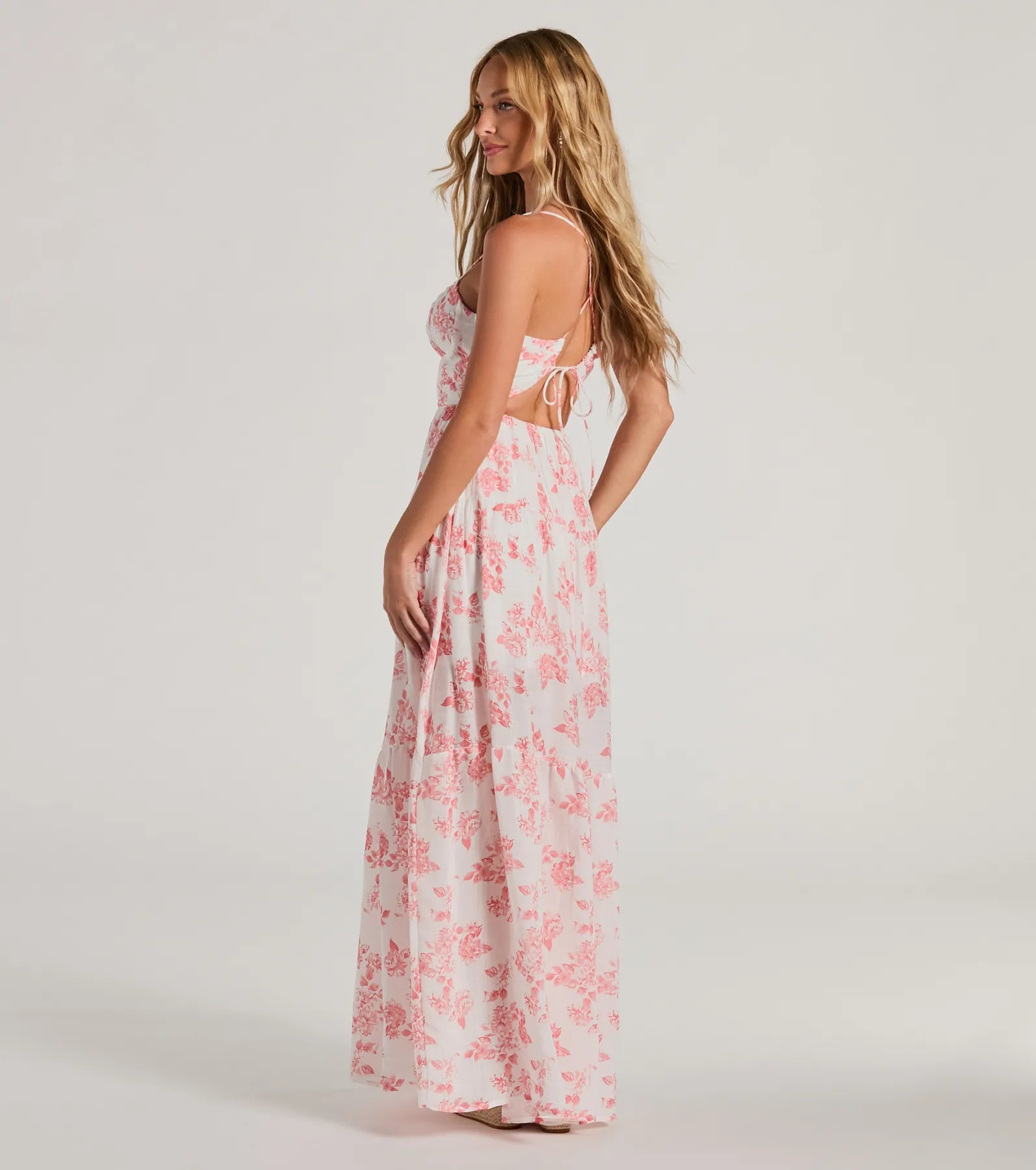 Charming Vibe Tie-Back Flowy Floral Woven Maxi Dress