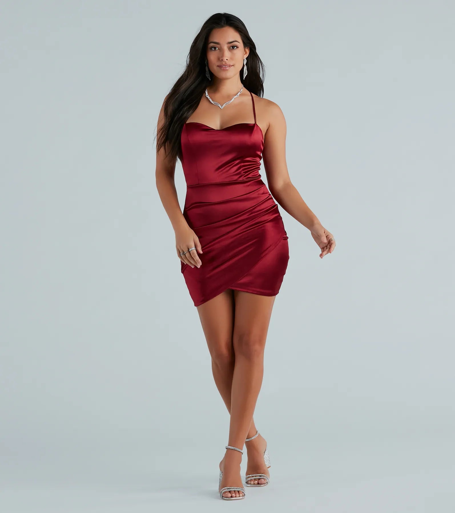 A Major Vibe Rhinestone Strap Satin Mini Dress