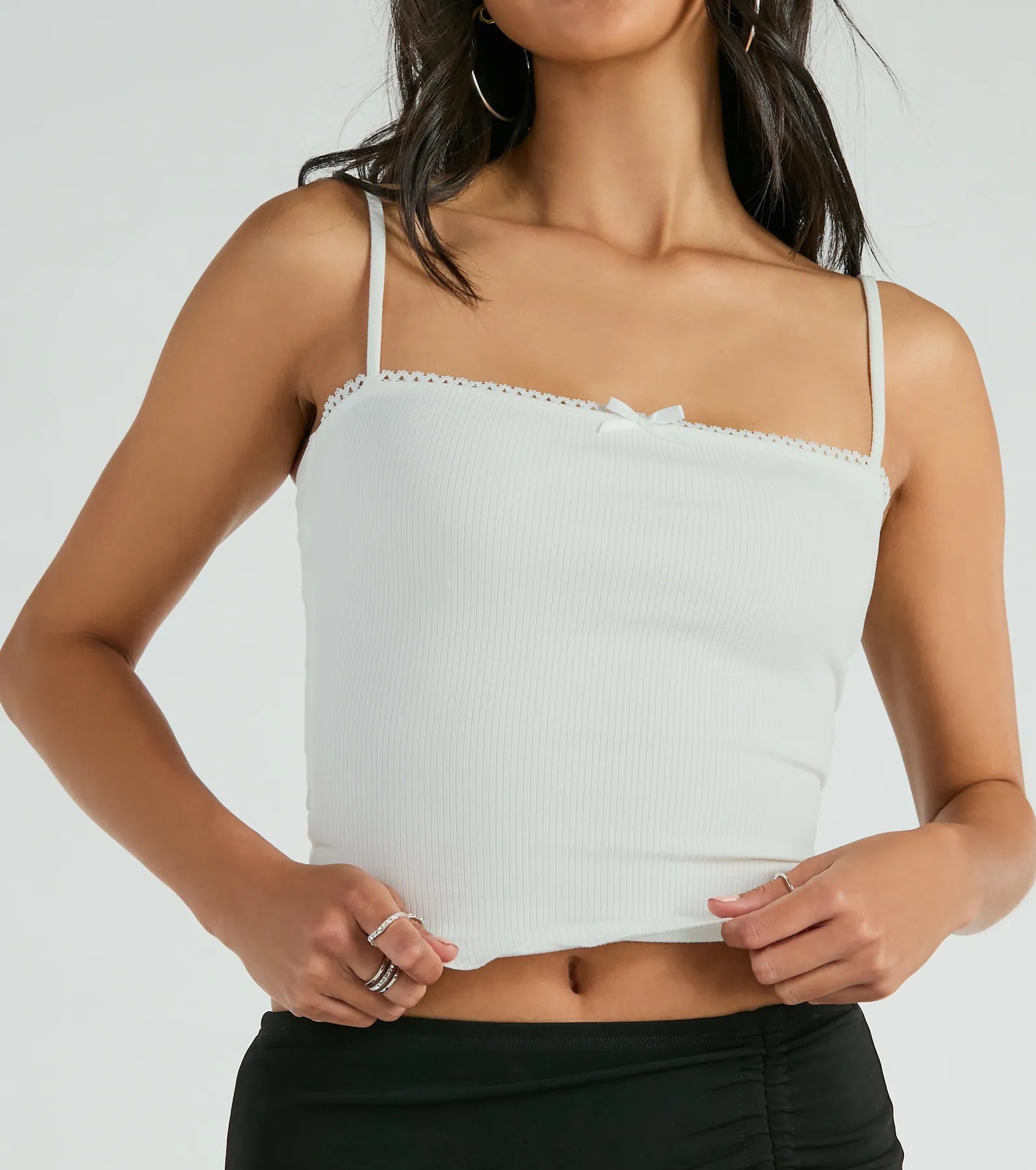 Basics To Love Lace Trim Bow Crop Tank Top