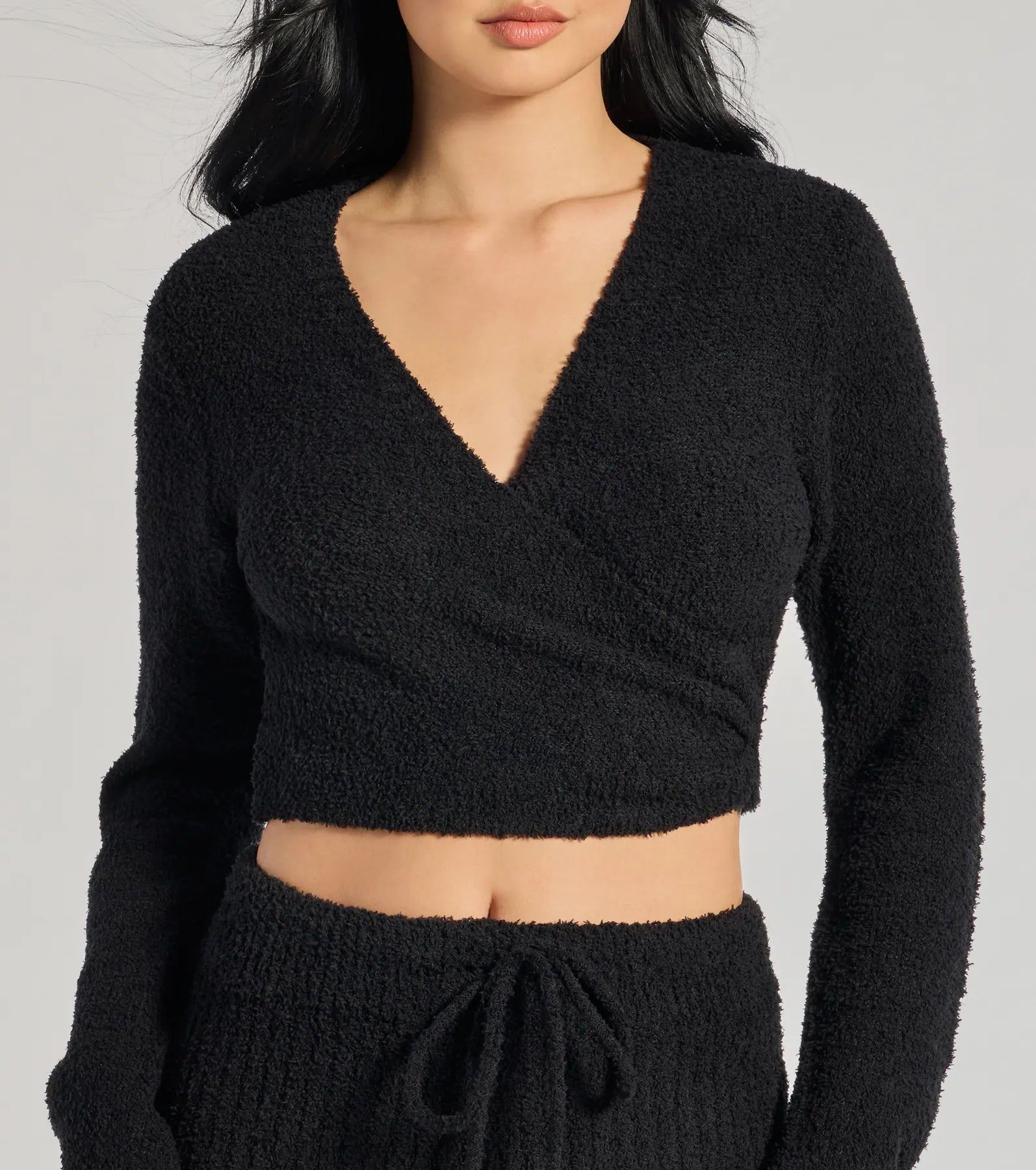 Cozy Life Chenille Knit Wrap-Front Crop Top