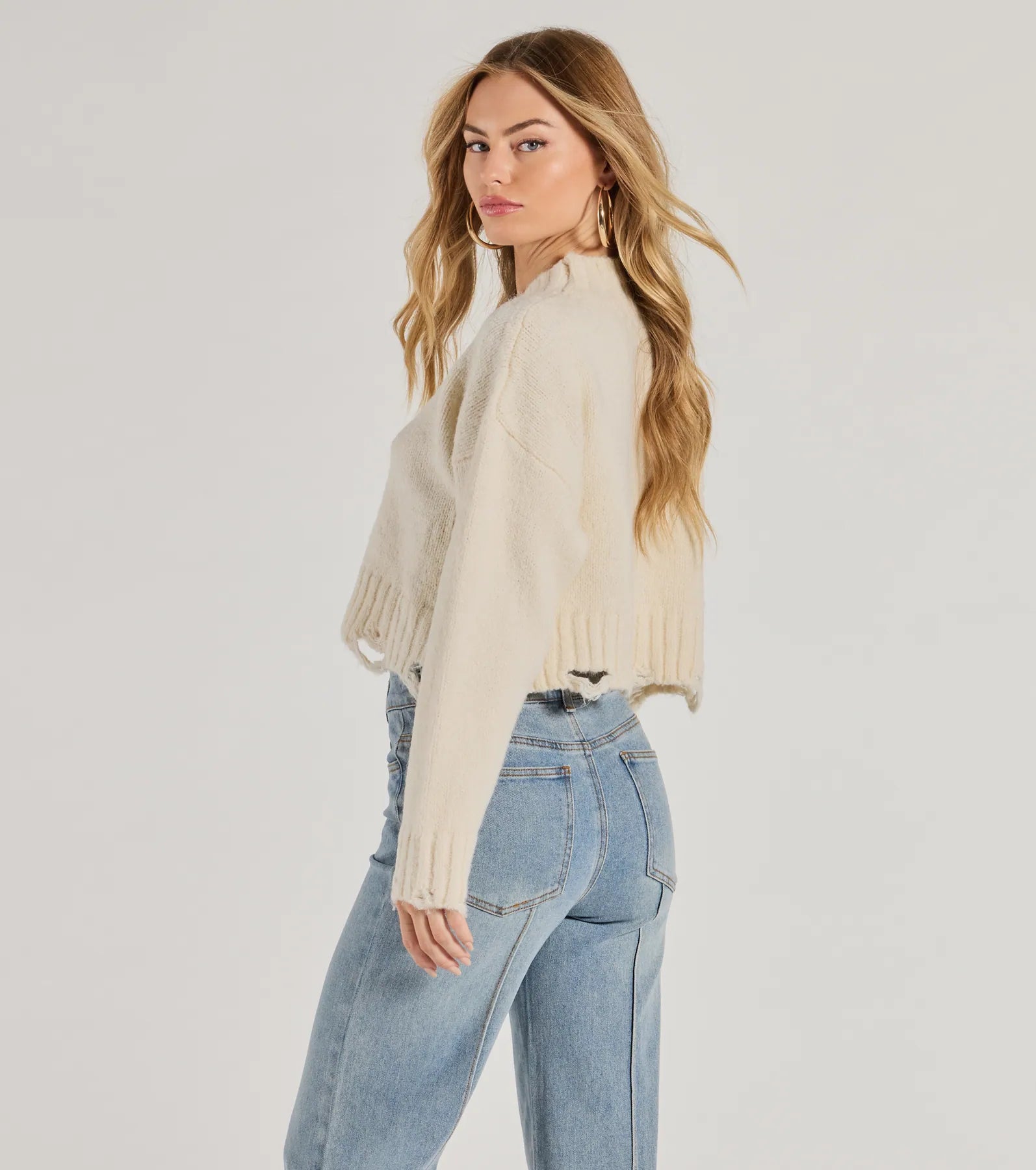 On-Trend Distressed Knit Mock Neck Sweater