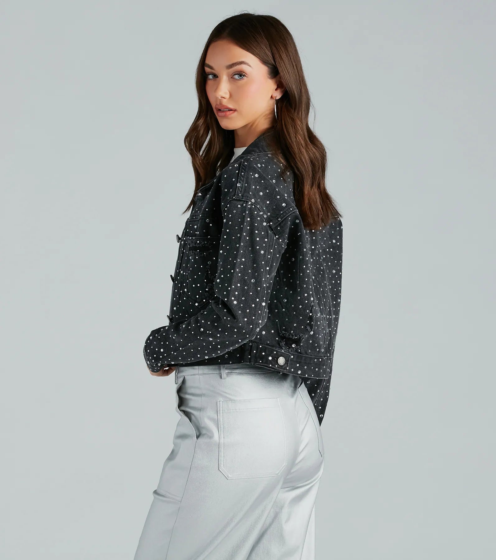 Casual Glamour Rhinestone Cropped Denim Jacket