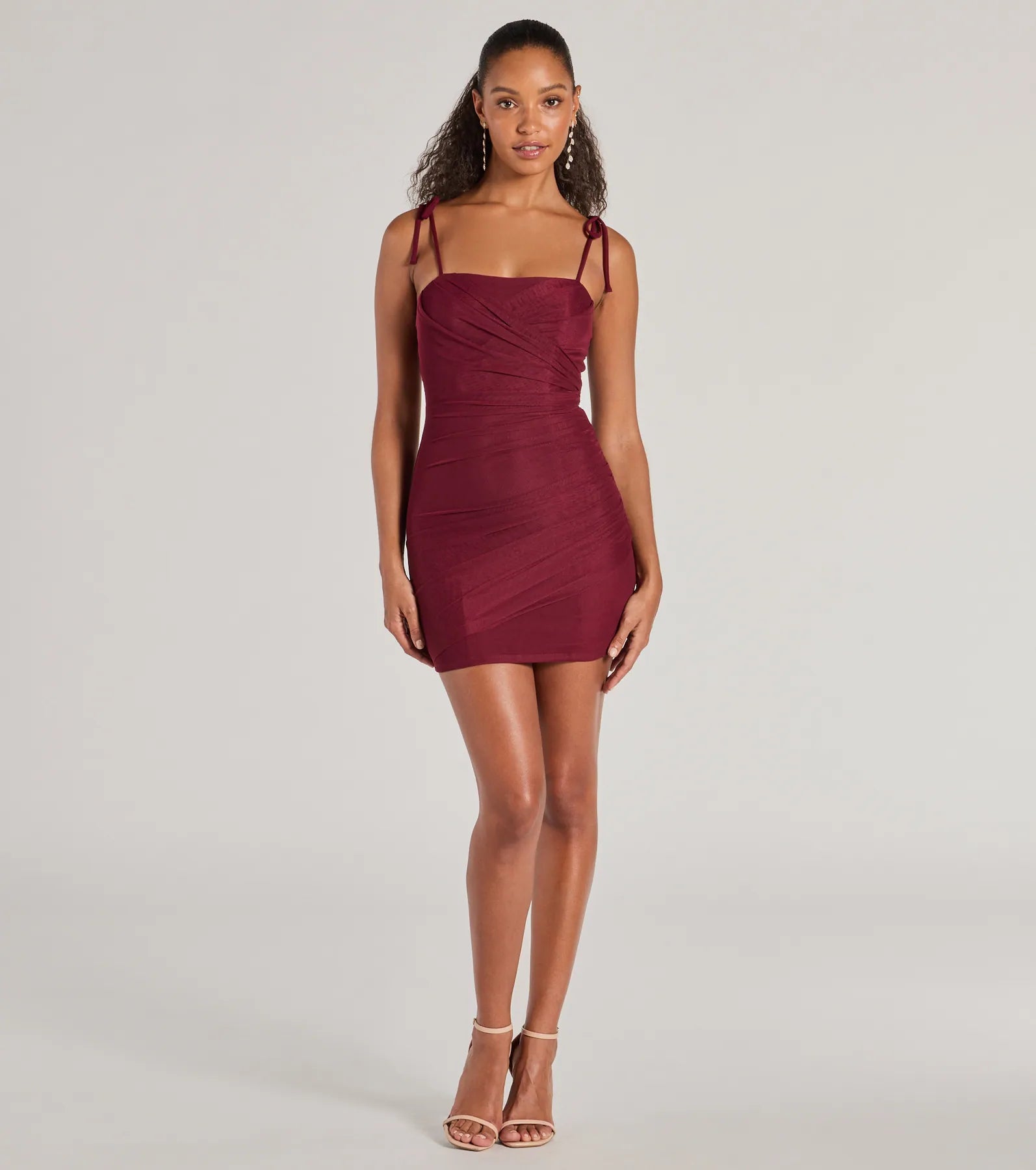 Glamorous Nights Mesh And Crepe Ruched Mini Dress