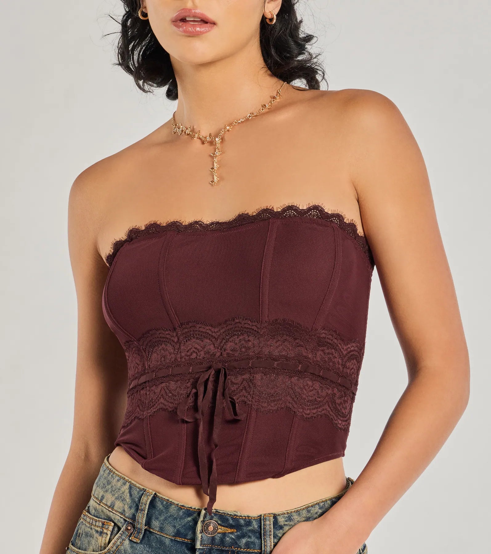 Chic Attitude Lace Trim Mesh Corset Top