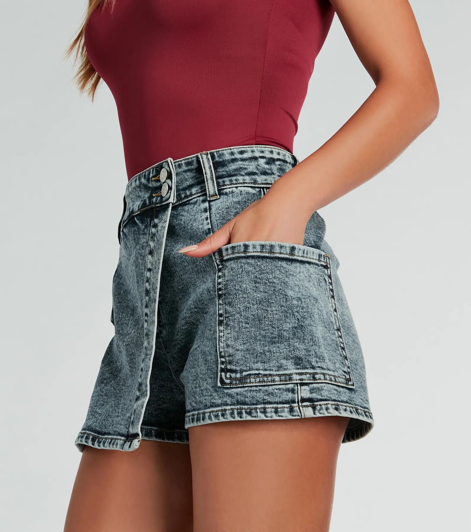 Trendy Impression Acid-Wash Denim Wrap Skort