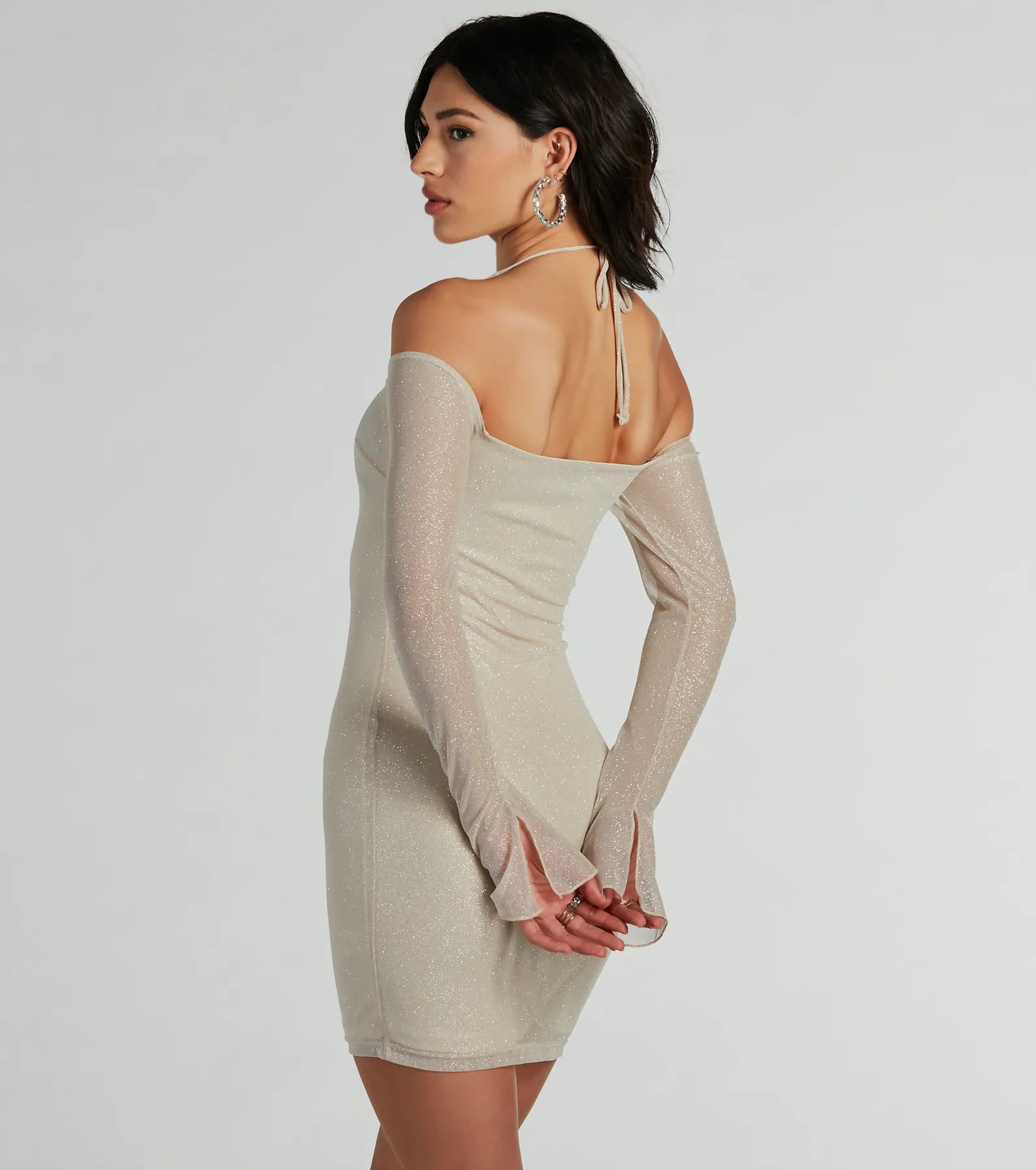 Dance Fever Glitter Mesh Off-The-Shoulder Dress