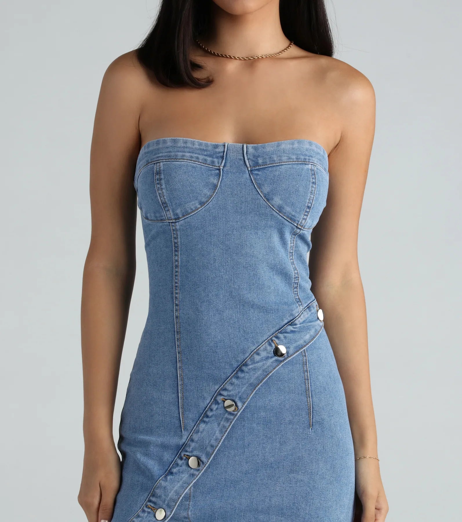 Button Up Babe Denim Strapless Mini Dress