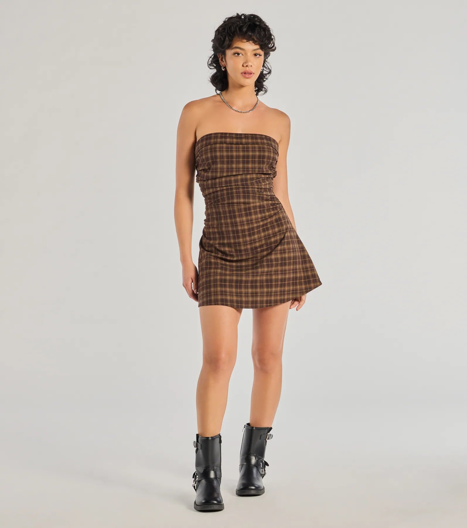 Cute In Plaid Strapless Plaid A-Line Mini Dress