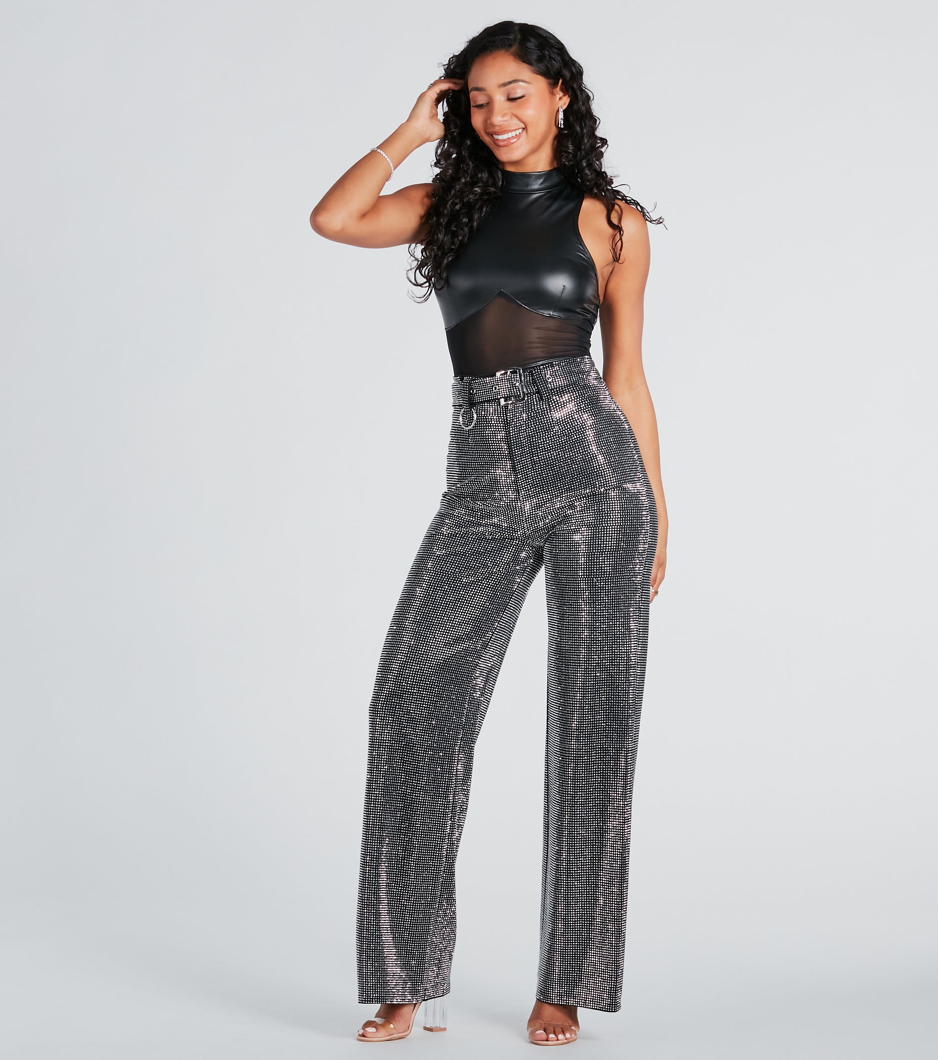 Gorgeous Bling Rhinestone Belted Wide-Leg Pants