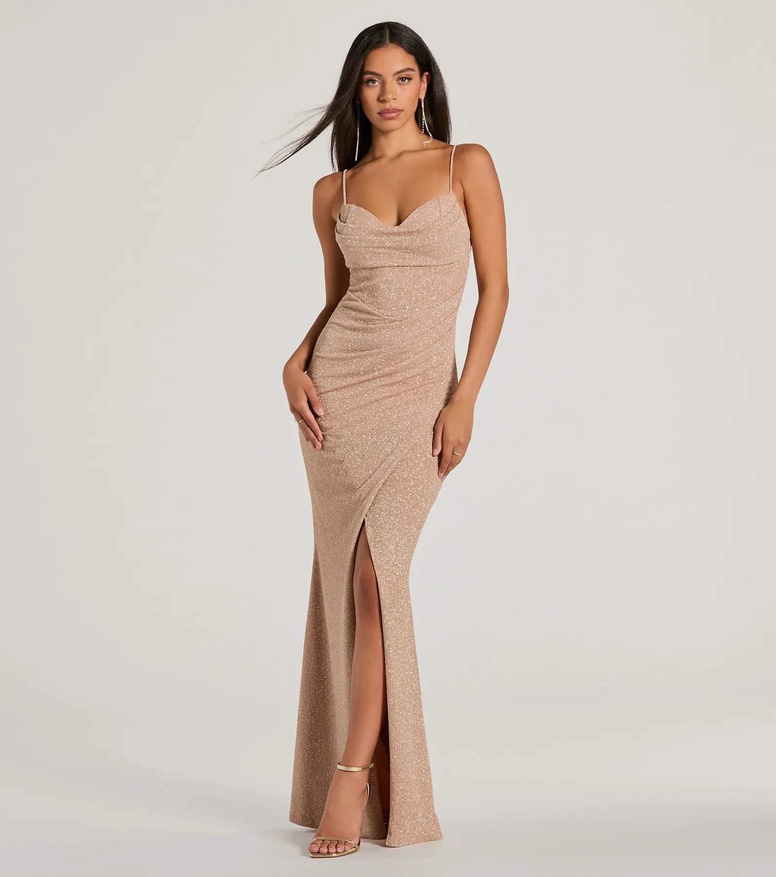 Mila Cowl Neck Wrap Slit Mermaid Glitter Formal Dress