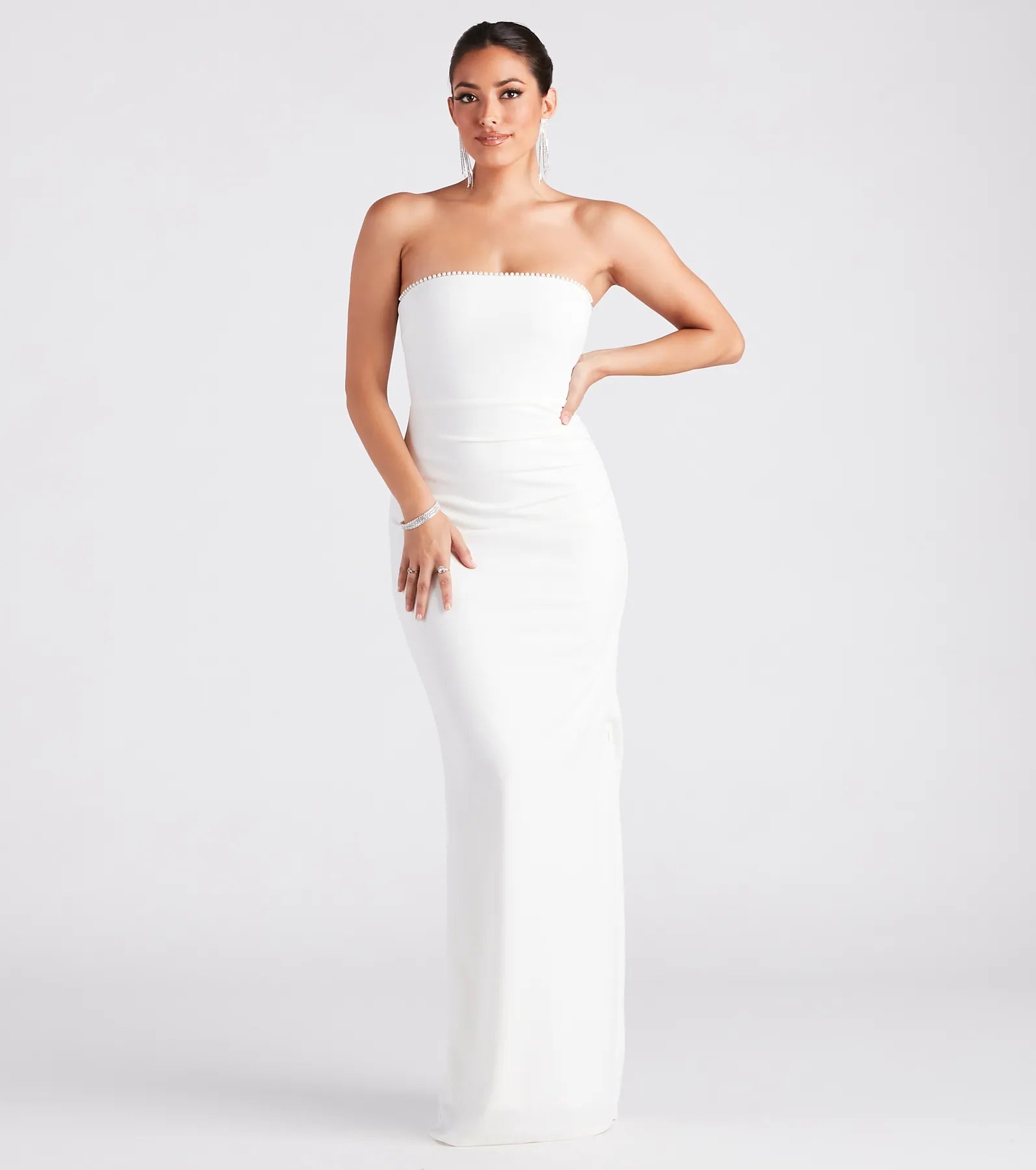 Carla Formal Crepe Strapless Faux Pearl Dress