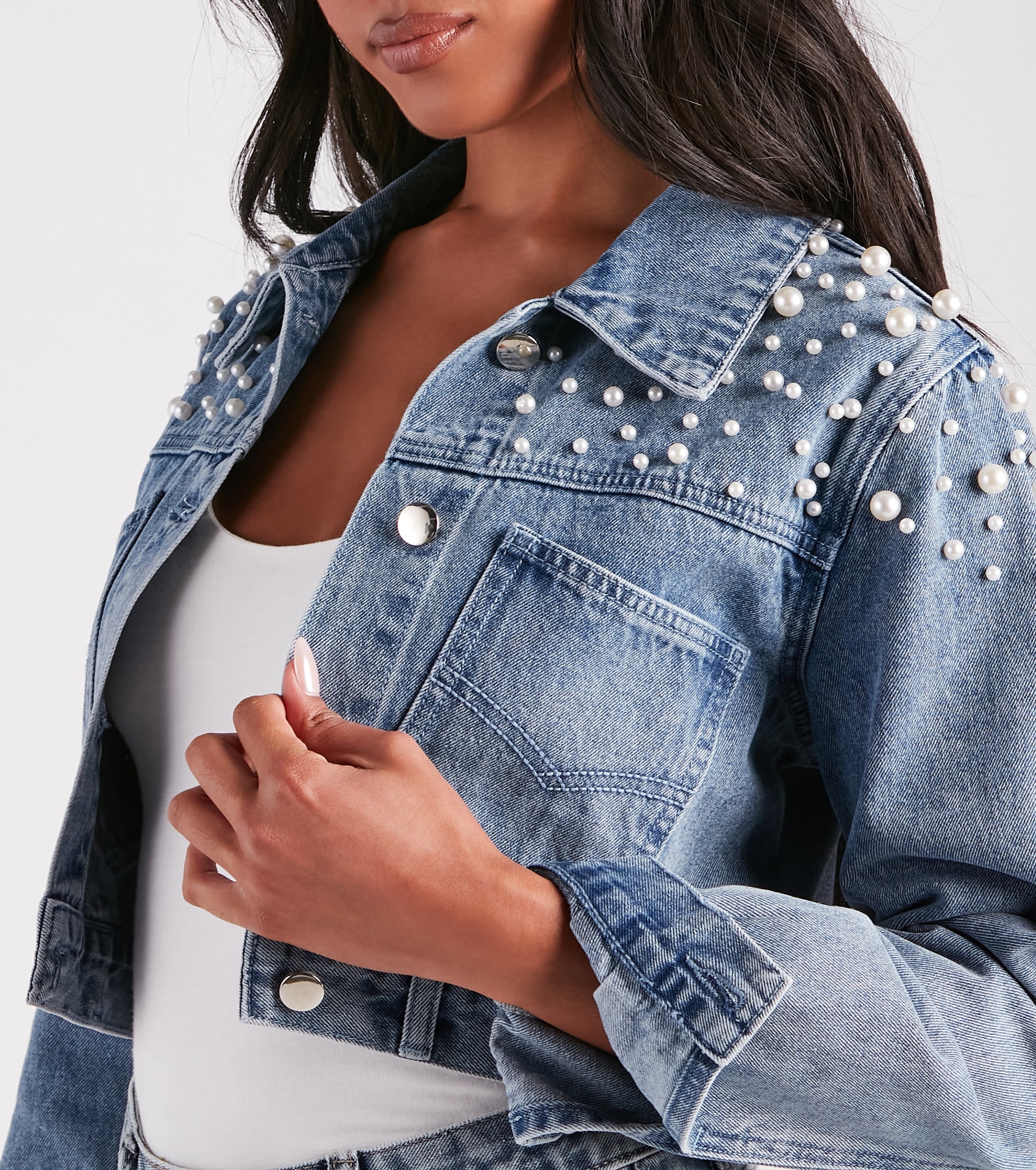 Trendy Glam Vibe Pearl Denim Jacket