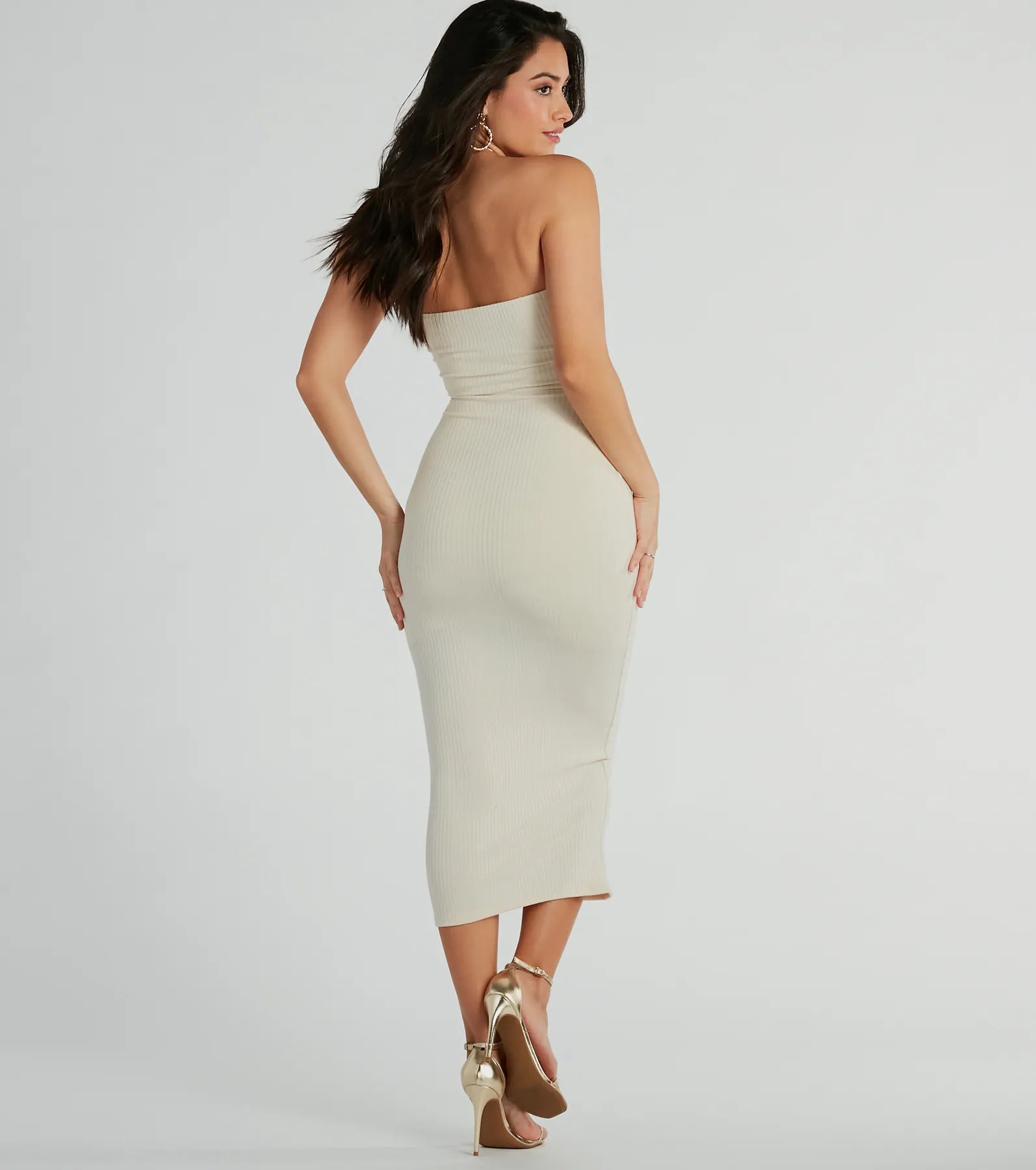 She's The Main Rib Knit Strapless Midi Dress