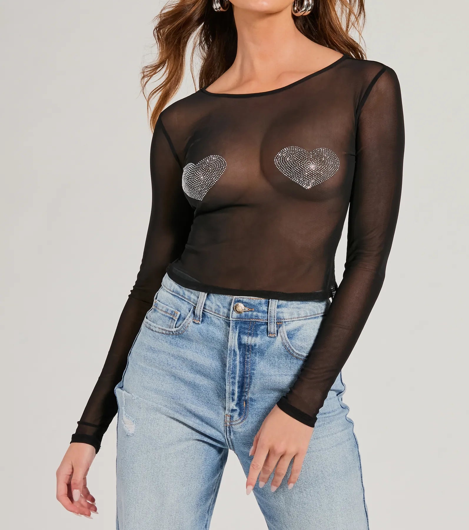 Flirt Alert Rhinestone Heart Sheer Mesh Crop Top