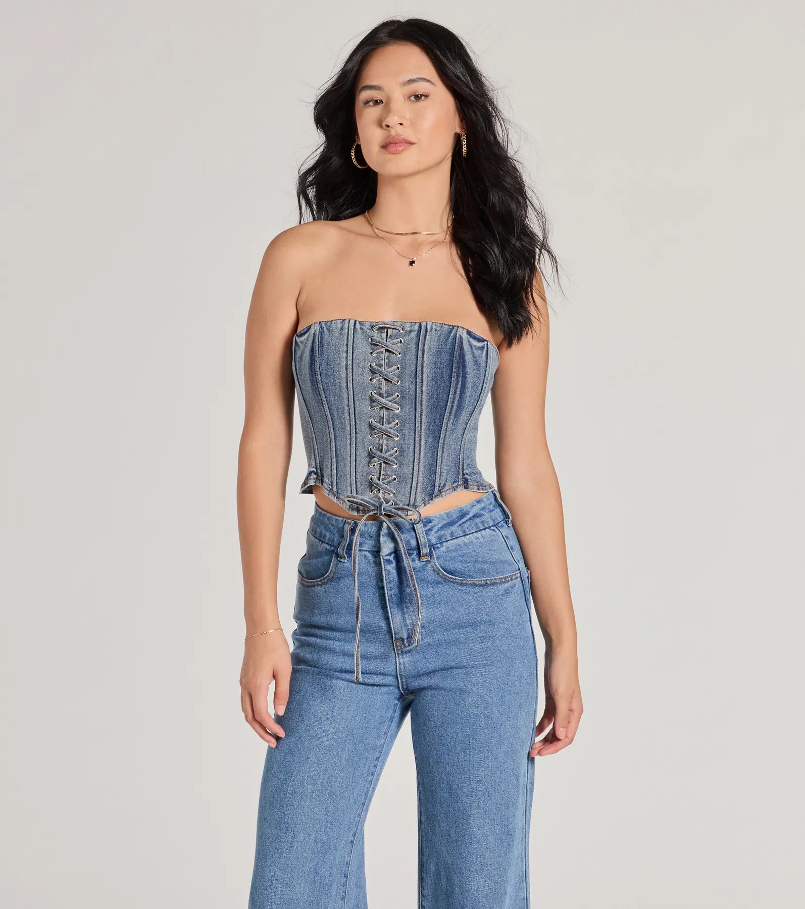 Trendy Style Lace-Up Denim Corset Top