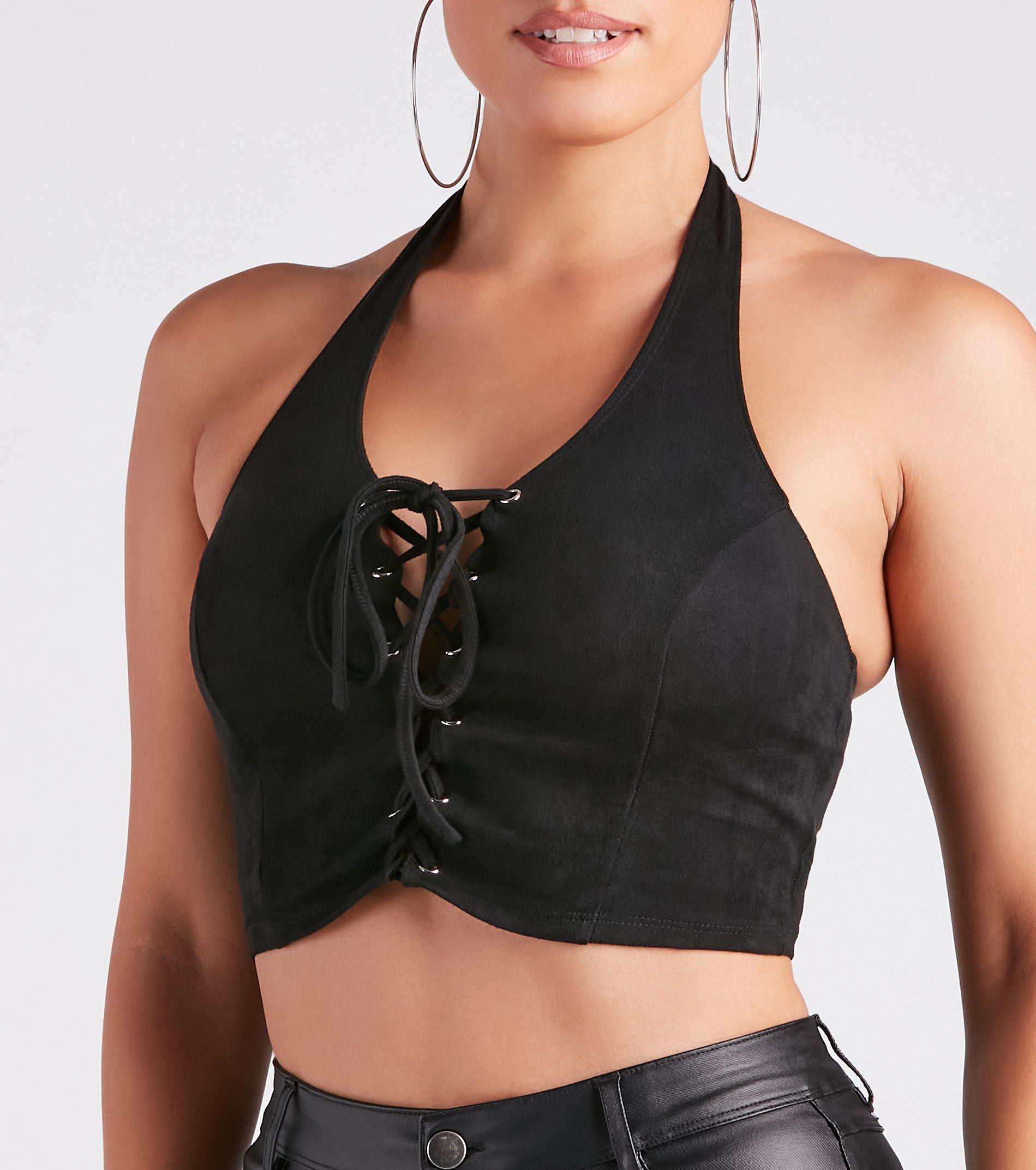 Hit The Town Faux Suede Lace-Up Halter Top