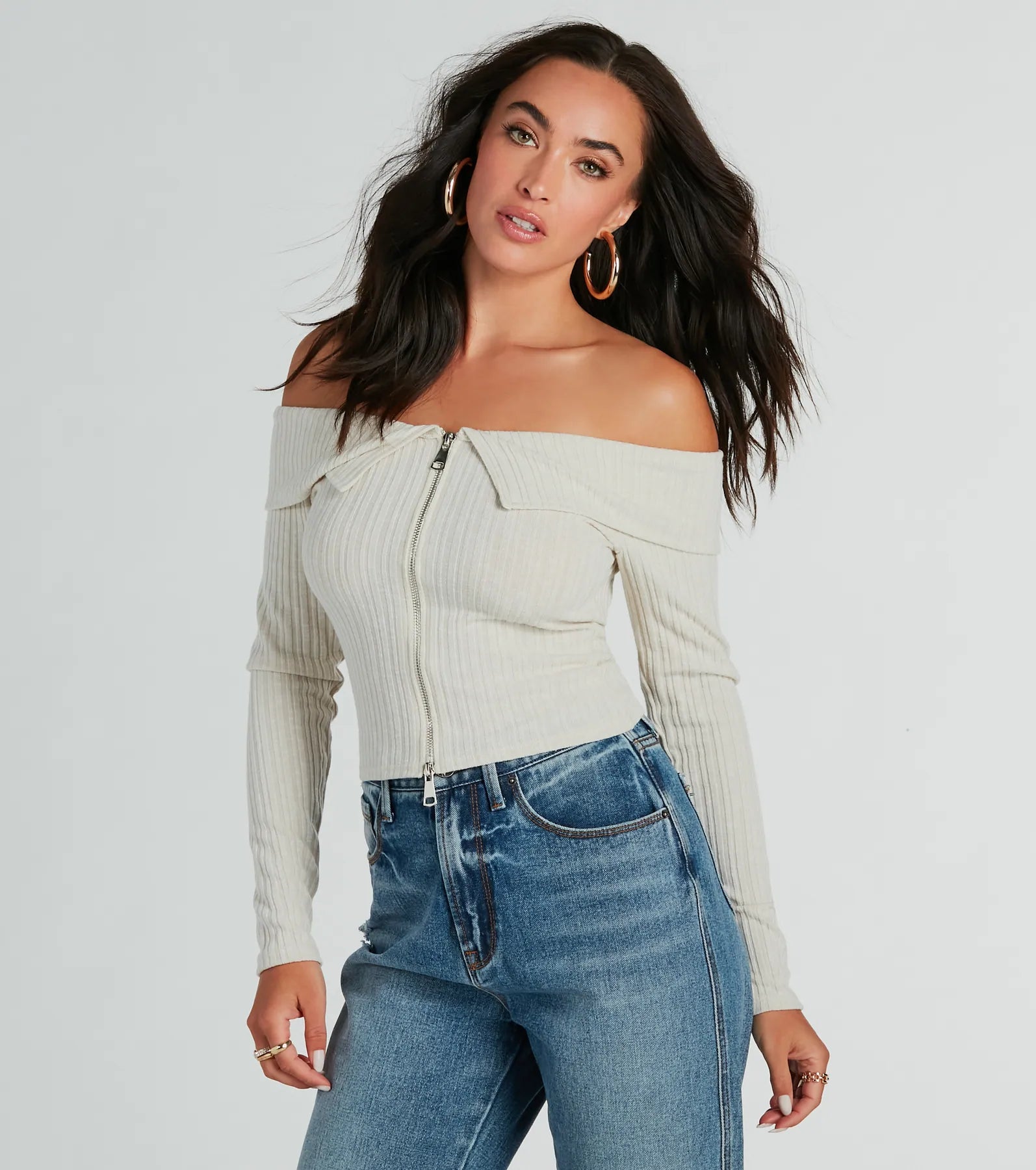 Cutely Charming Off-The-Shoulder Zipper Top