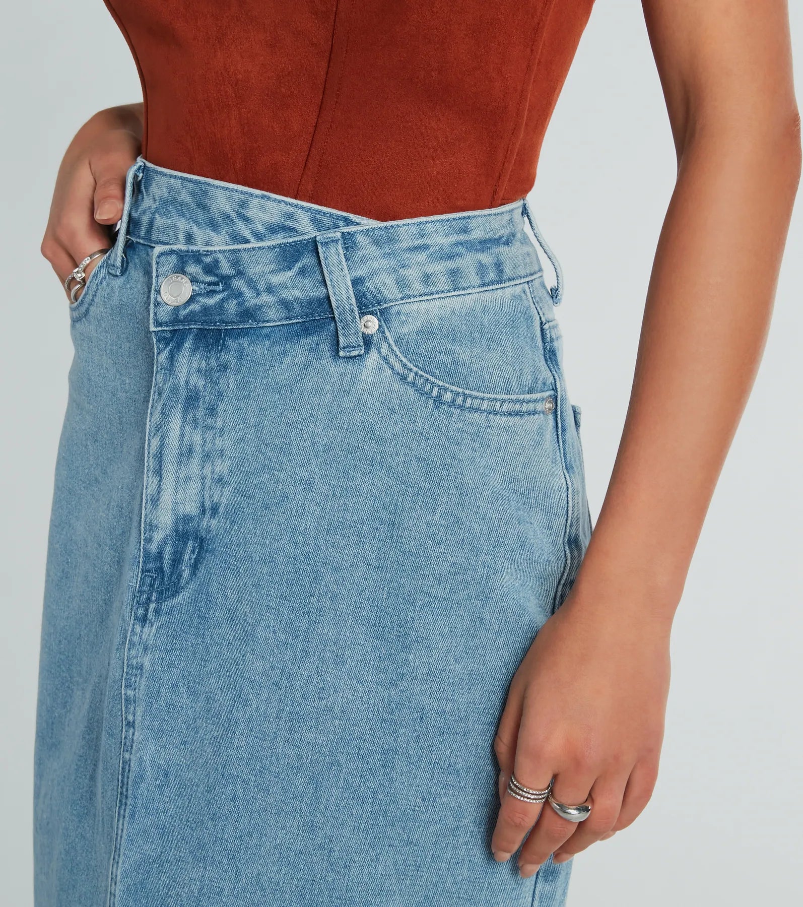 Girl Next Door Asymmetrical Waist Denim Midi Skirt