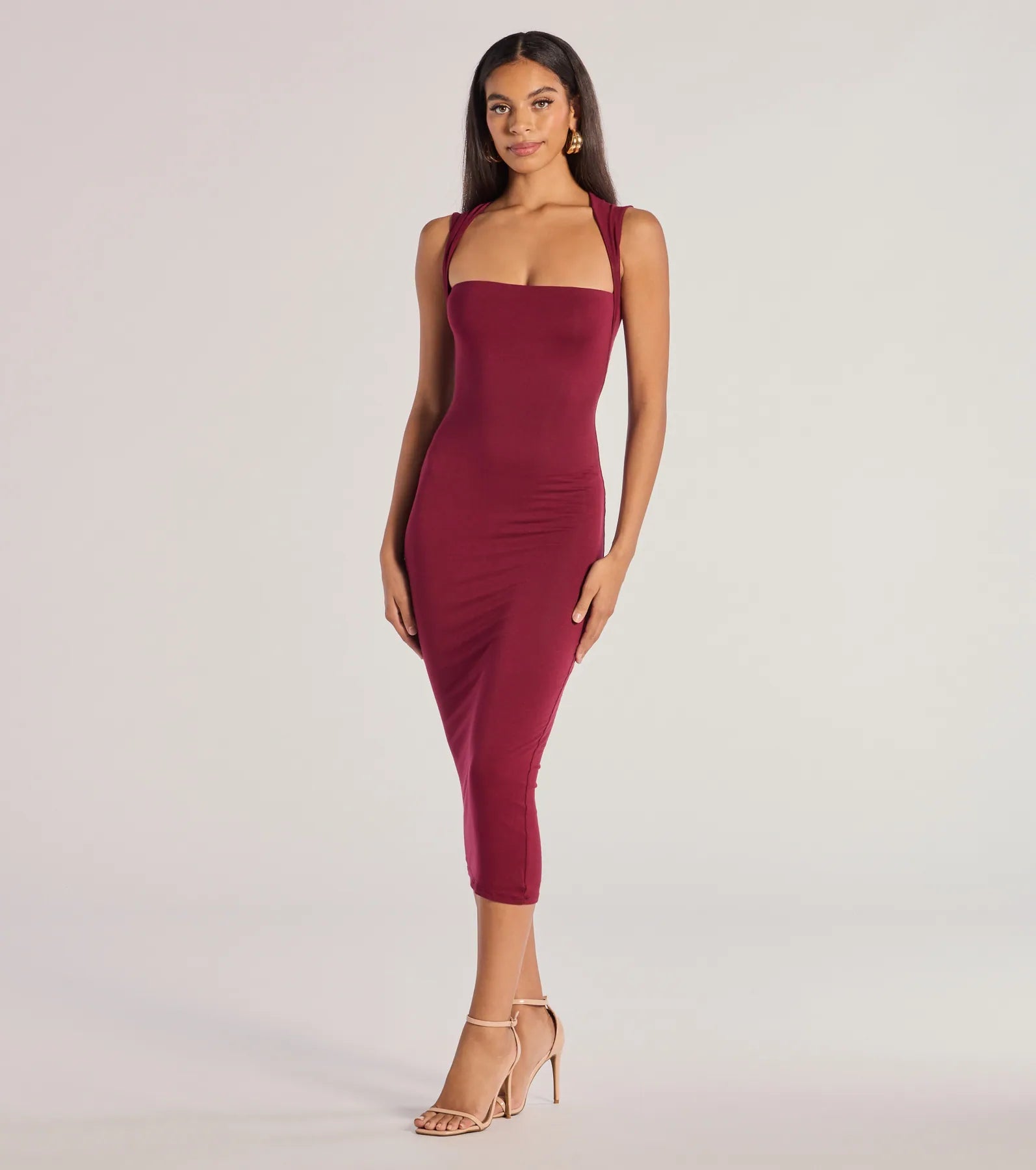 Serving Sleek Square Neck Bodycon Midi Dress