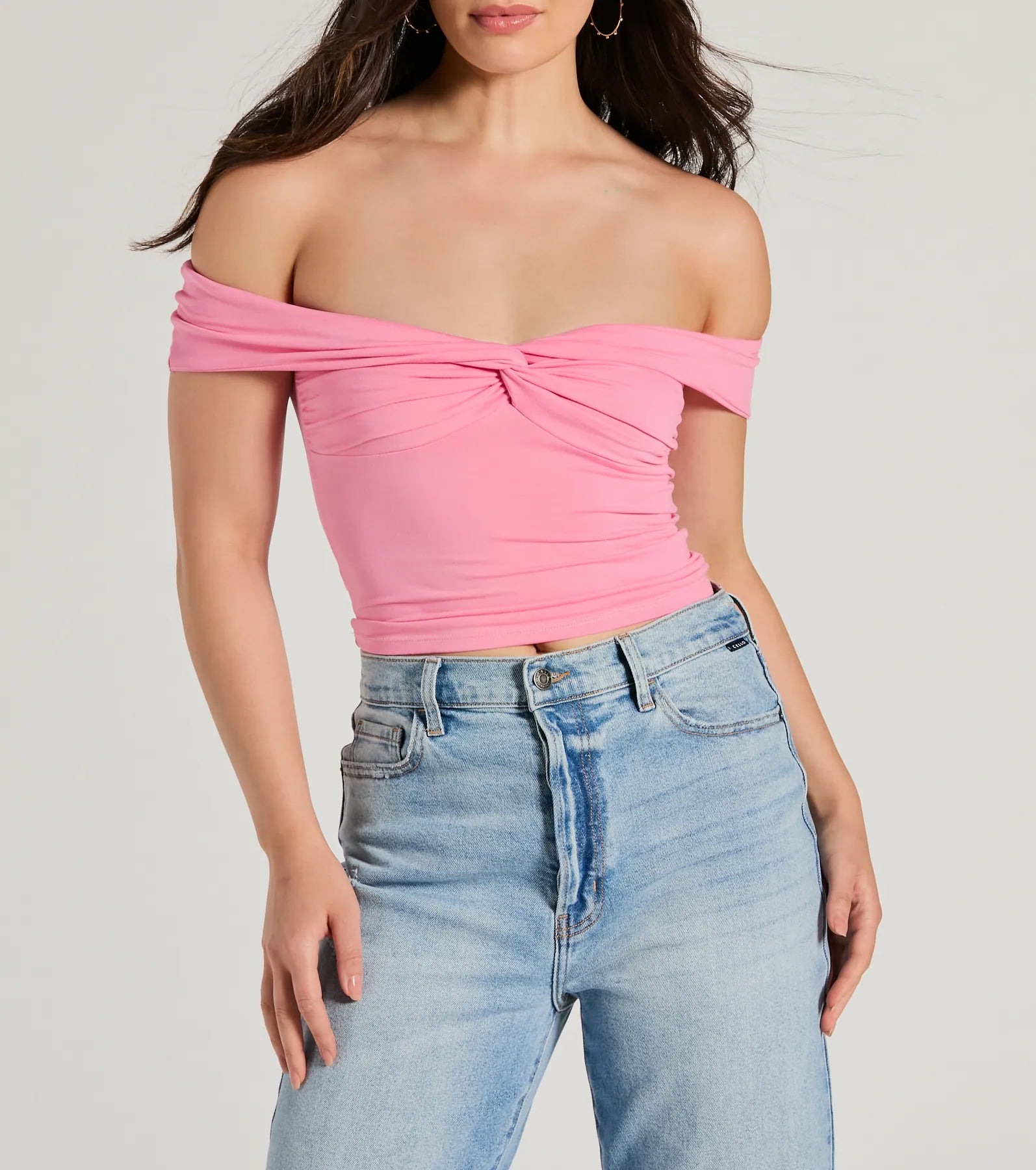 Trendy Twist-Front Off-The-Shoulder Crop Top