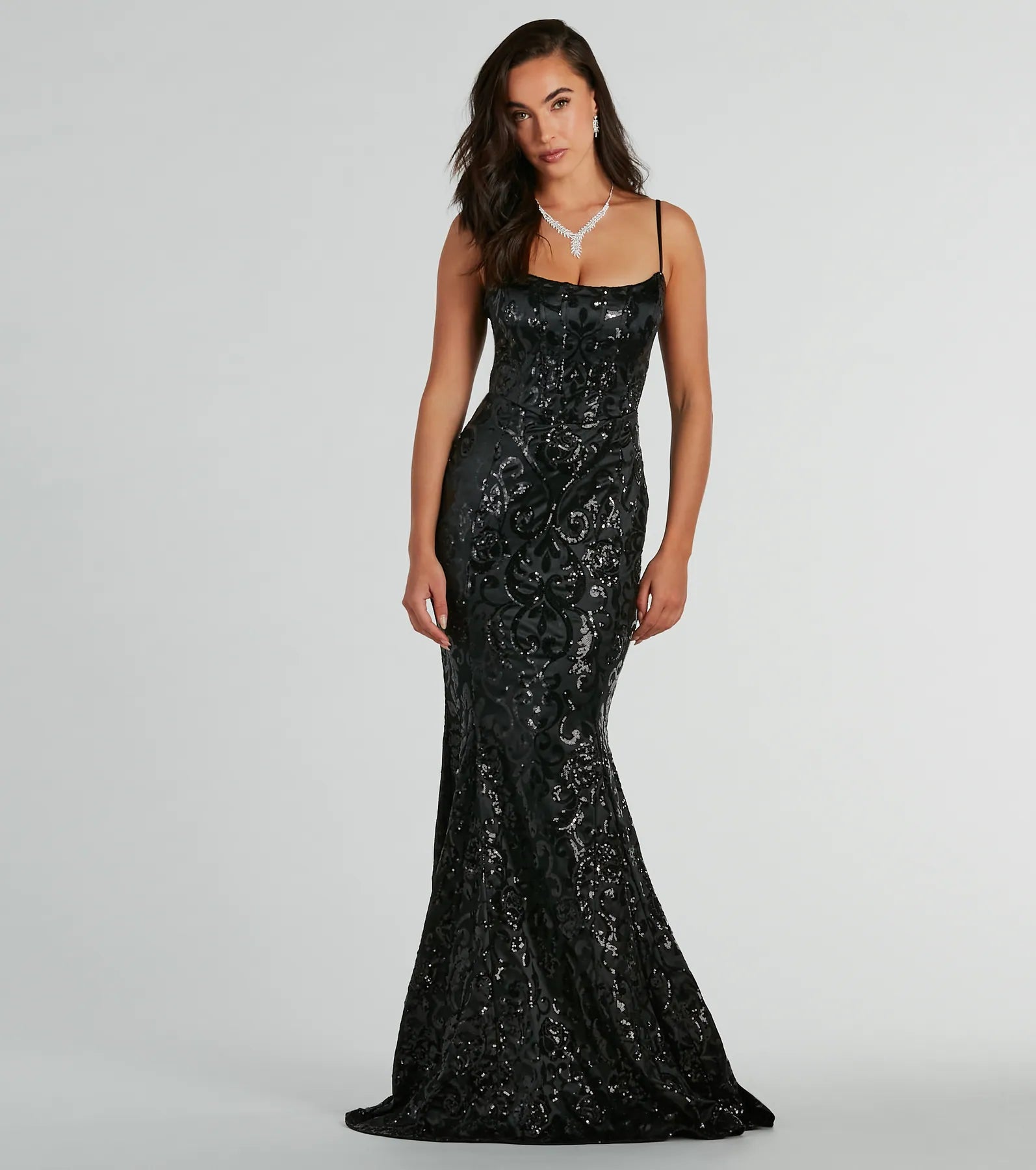 Carly Lace-Up Mermaid Sequin Satin Formal Dress