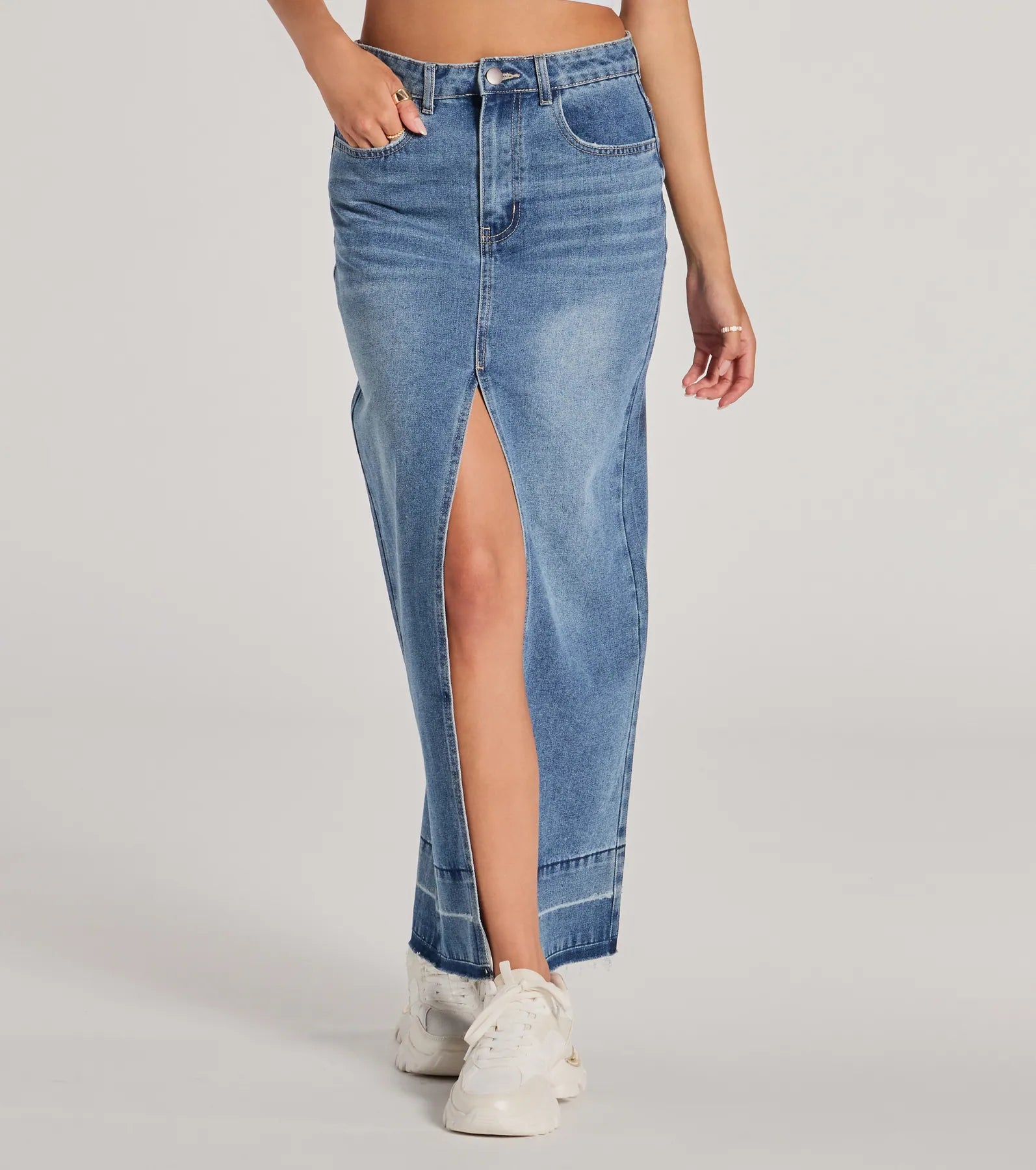 Coolest Vibe High Slit Denim Maxi Skirt