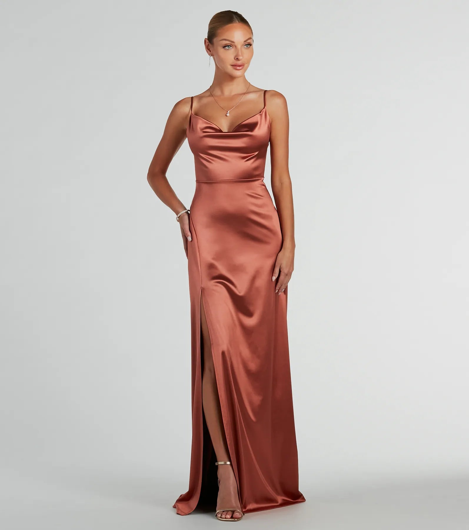 Ellie Cowl Neck A-Line Long Satin Formal Dress