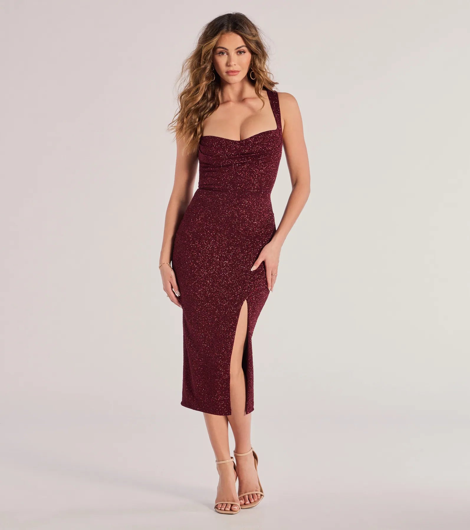 Arlette Lace-Up High Slit Glitter Knit Midi Dress