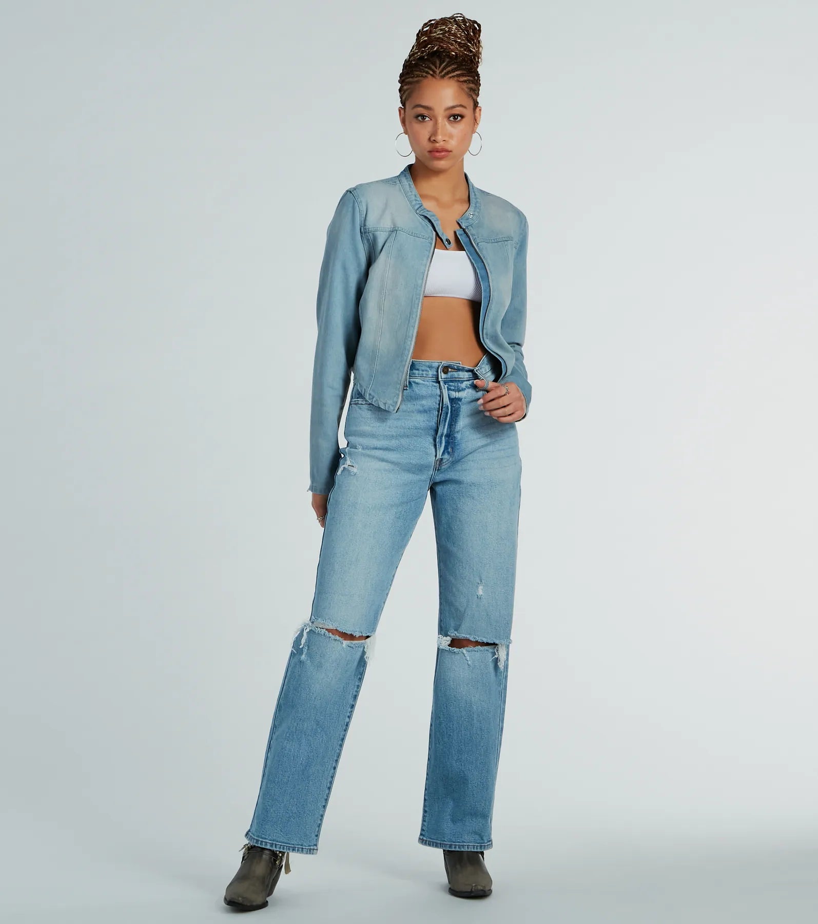 Time To Slay Zip-Up Denim Moto Jacket