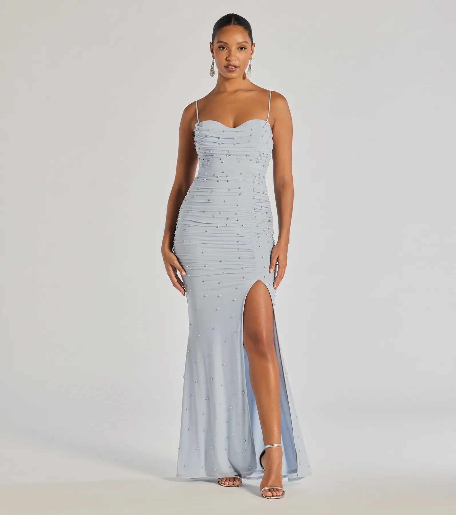 Mellie Faux Pearl Mesh Mermaid Long Formal Dress