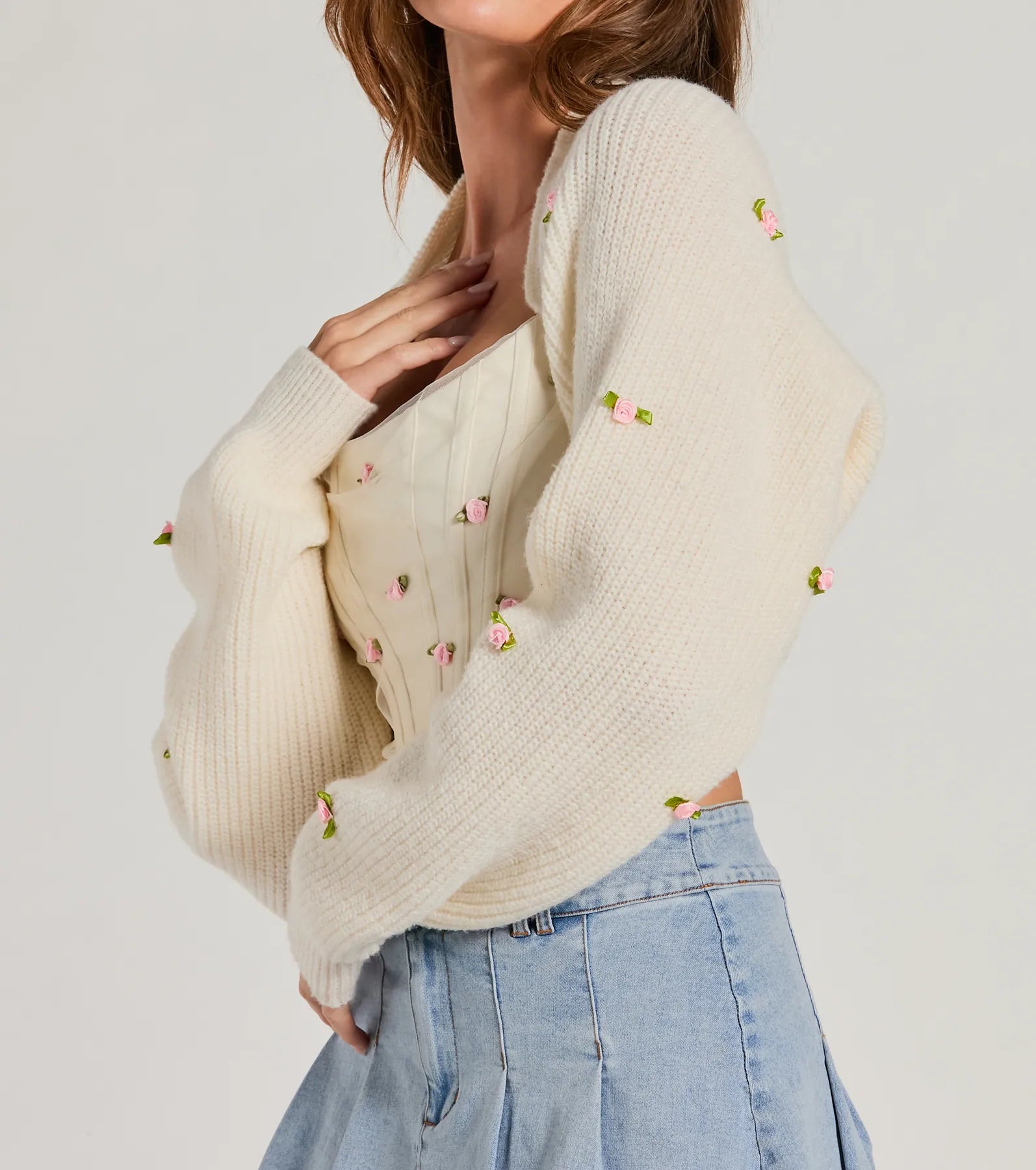 The Sweetest Floral Rosette Long Sleeve Knit Bolero