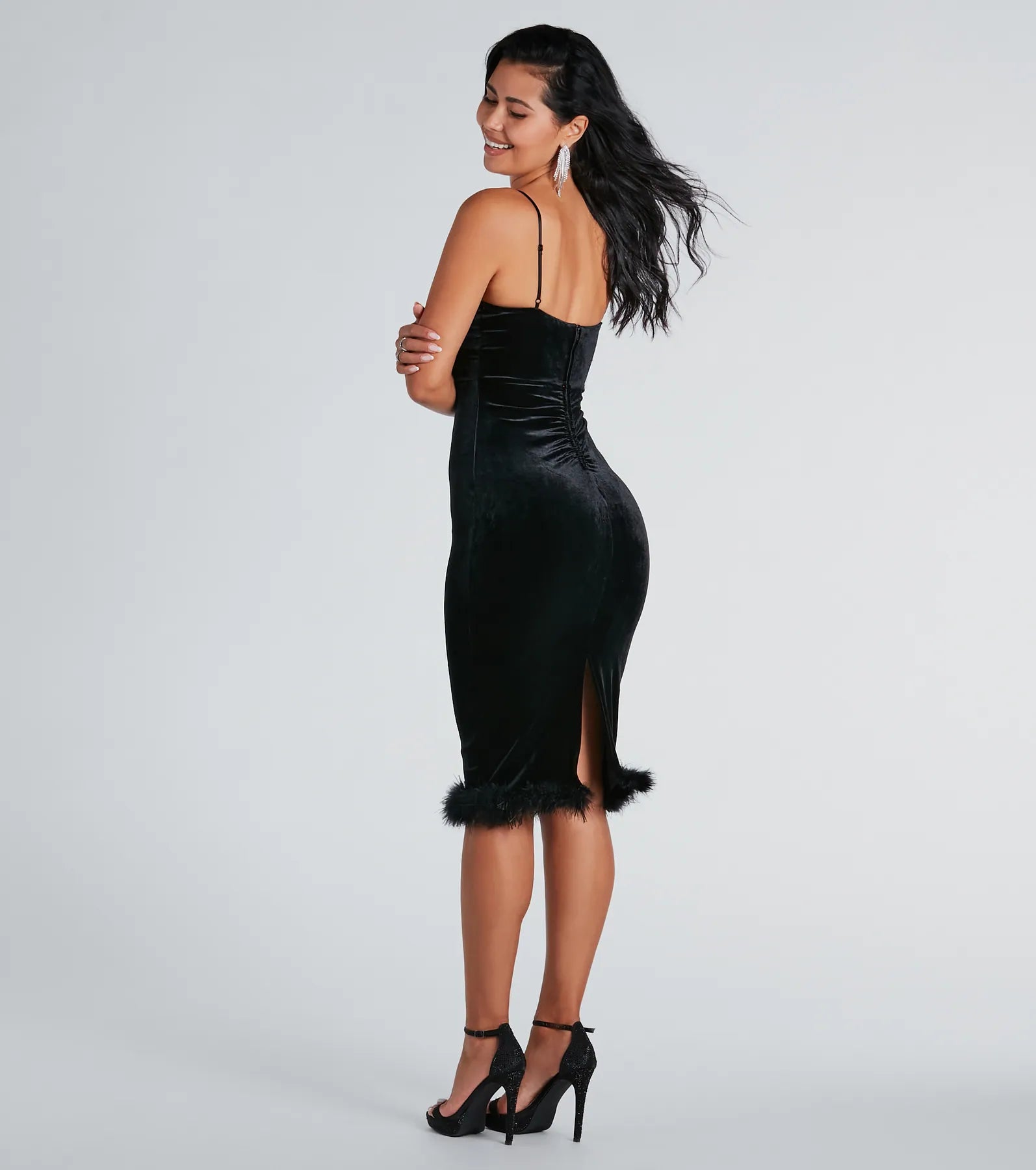 Alyssa Feather Trim Velvet Formal Midi Dress