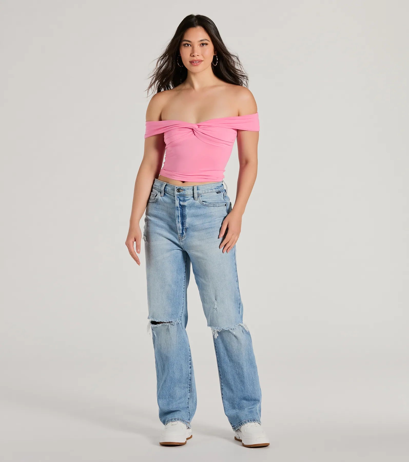 Trendy Twist-Front Off-The-Shoulder Crop Top