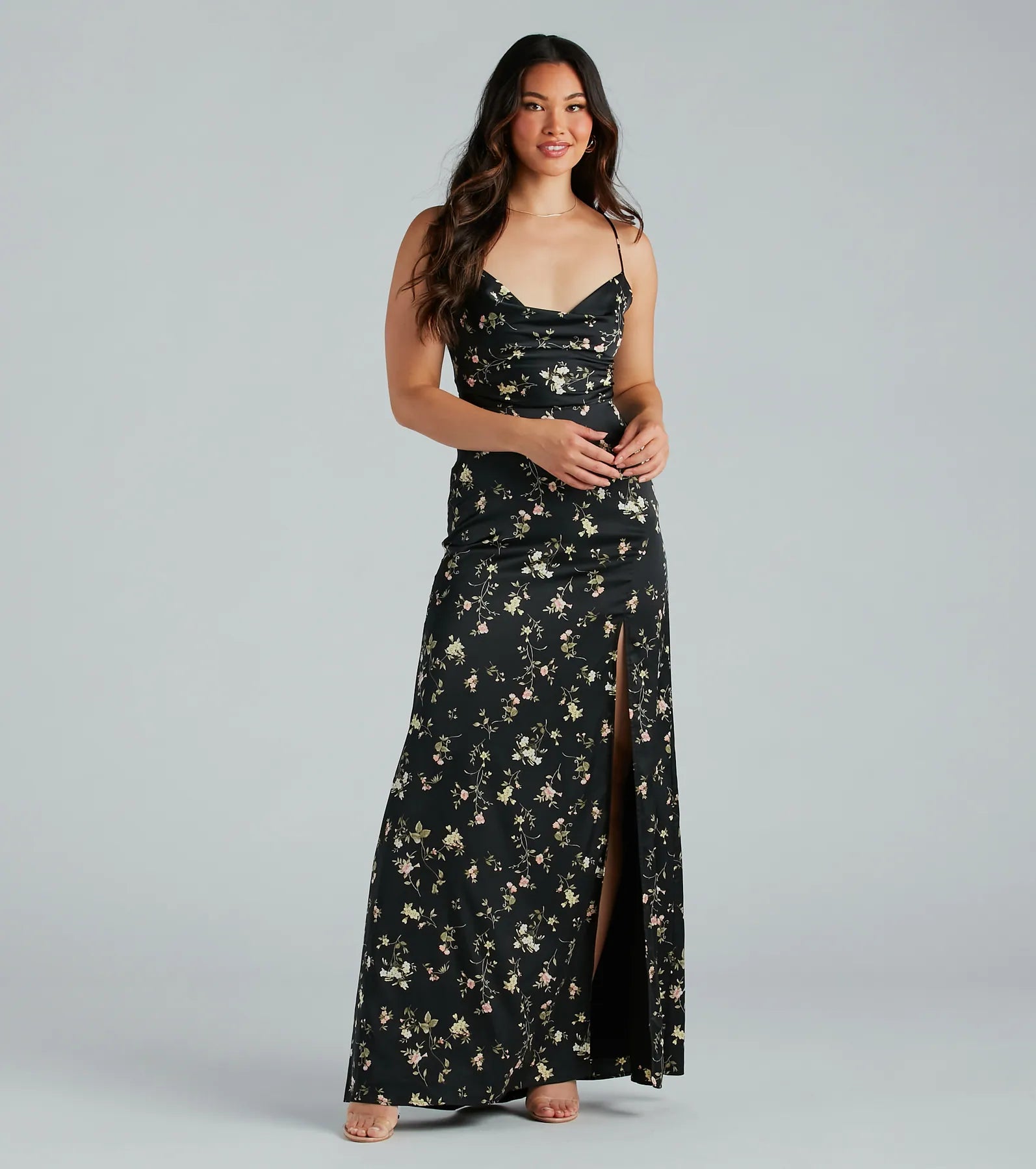 Mackenzie Formal Satin Floral Lace-Up Dress