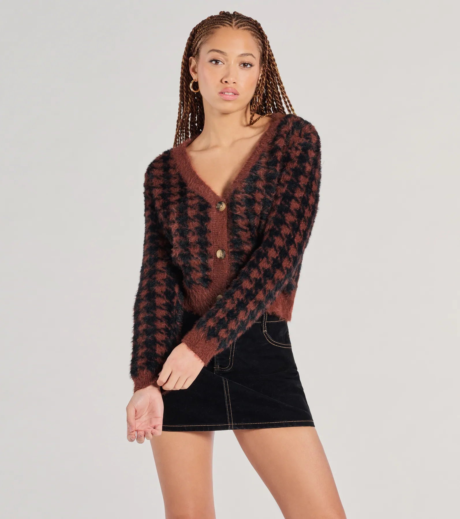 Polished Cozy Houndstooth Eyelash Knit Cardigan