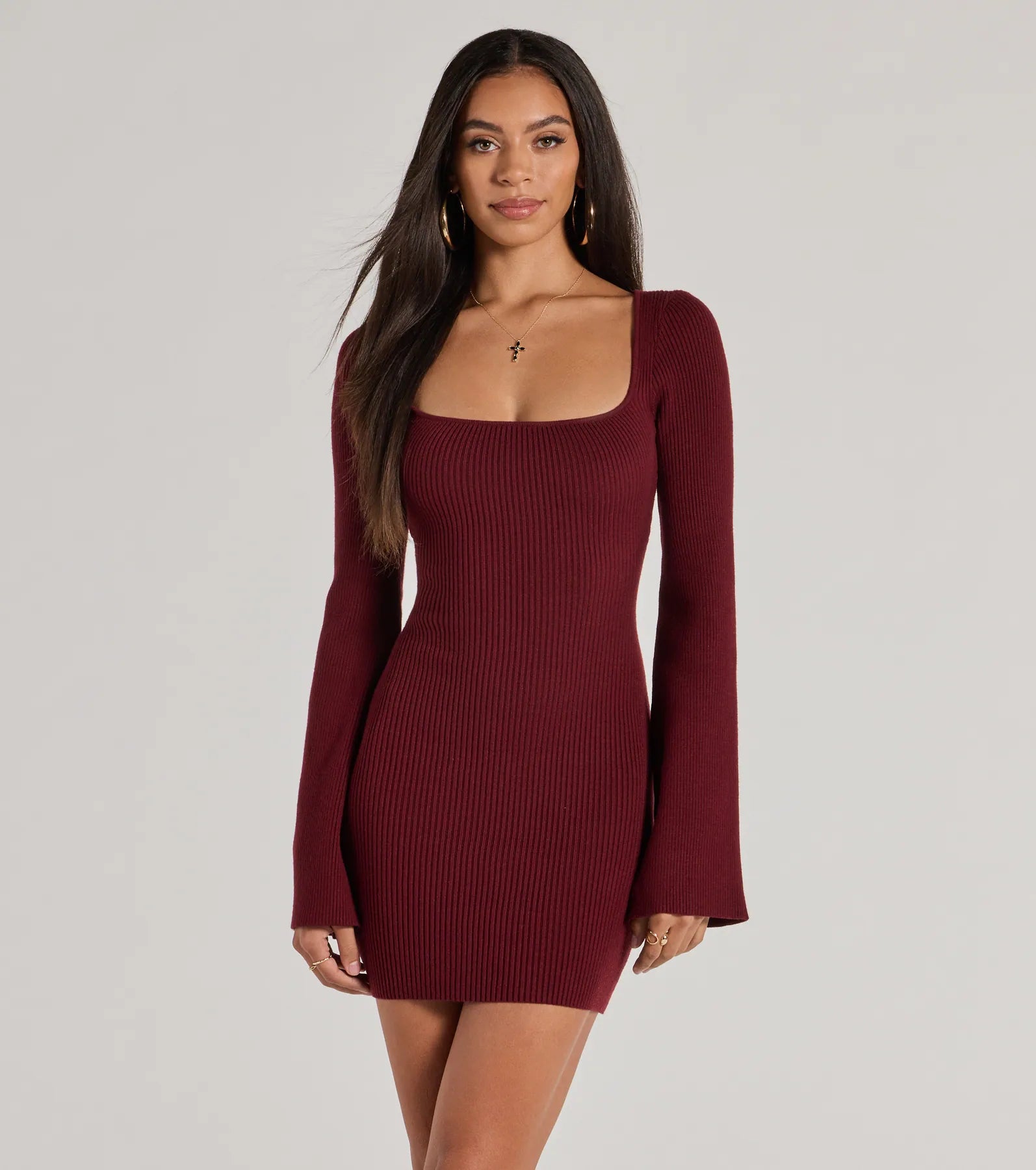 Seasonal Staple Ribbed Knit Bell Sleeve Mini Dress