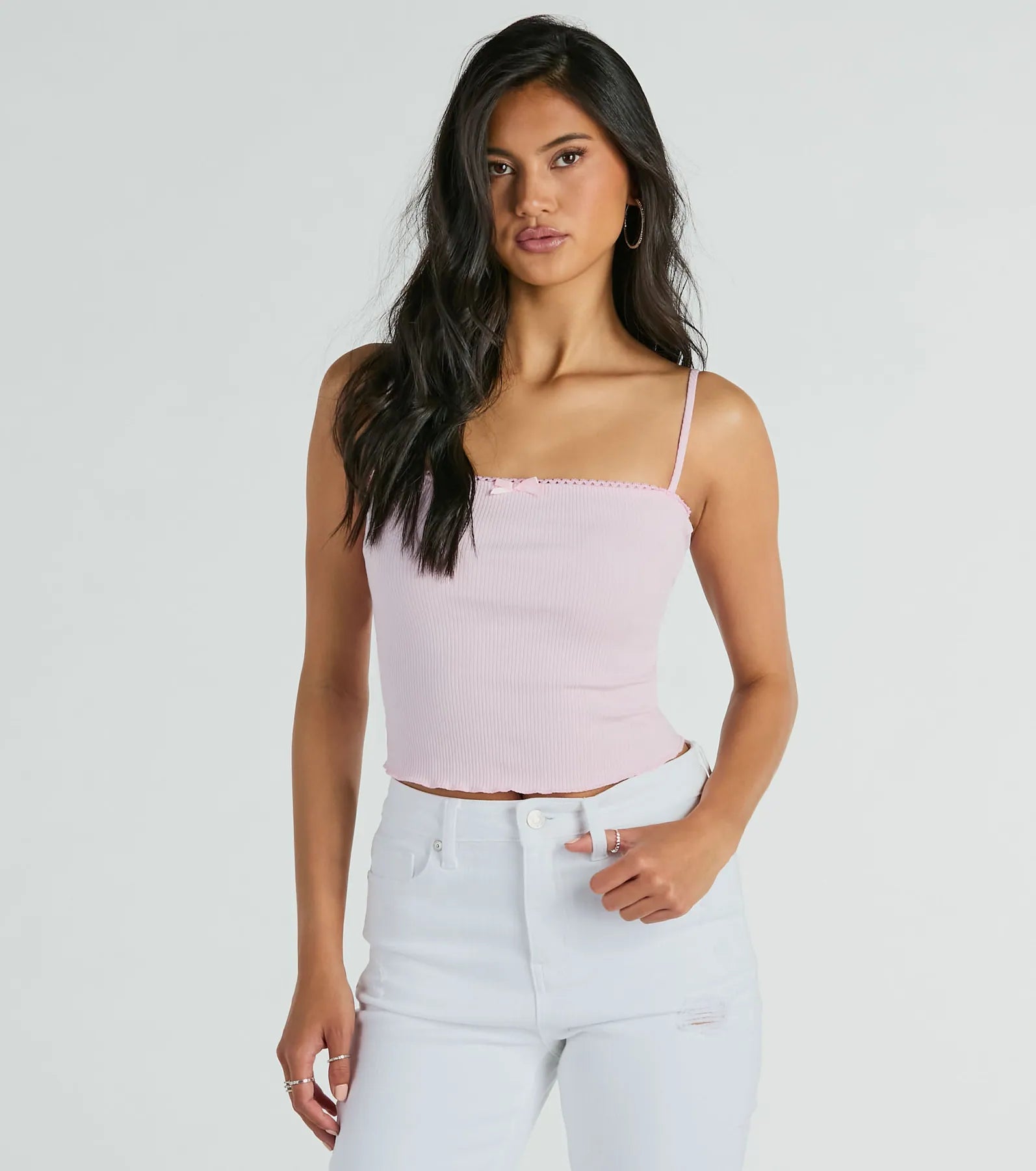 Basics To Love Lace Trim Bow Crop Tank Top