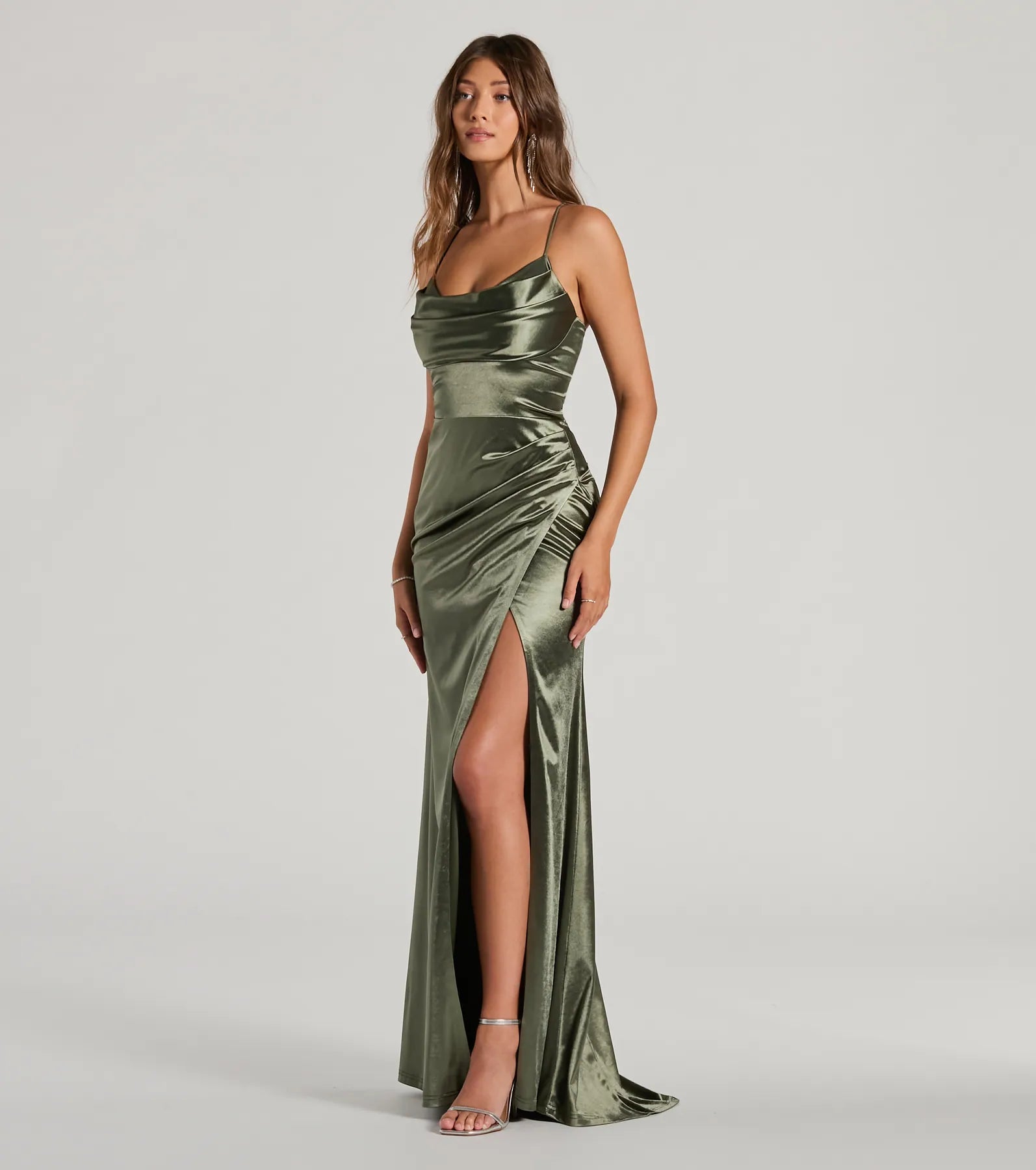 Dani Cowl Neck Lace-Up A-Line Satin Formal Dress