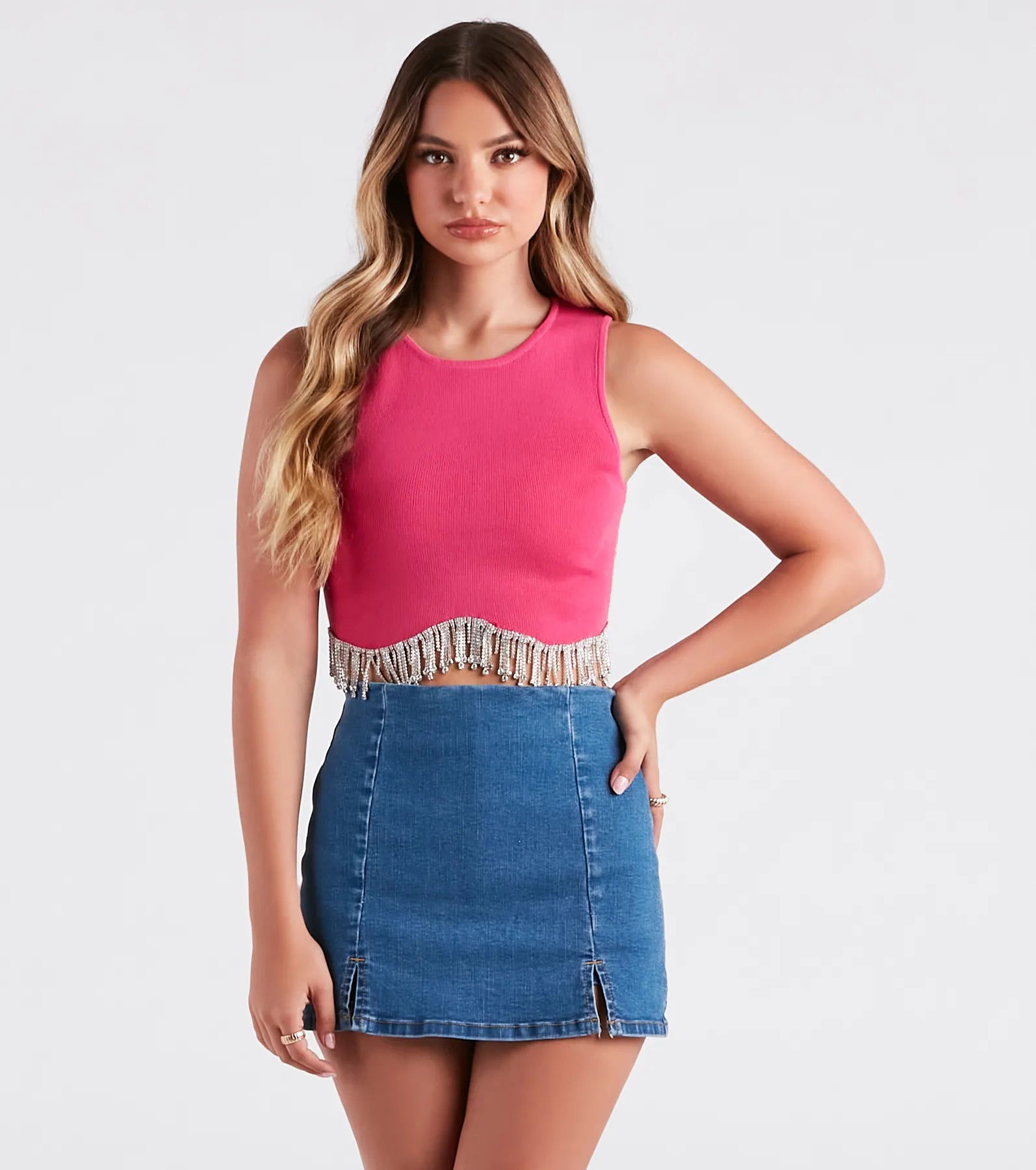 Casual Glitzy Vibes Rhinestone Fringe Crop Top