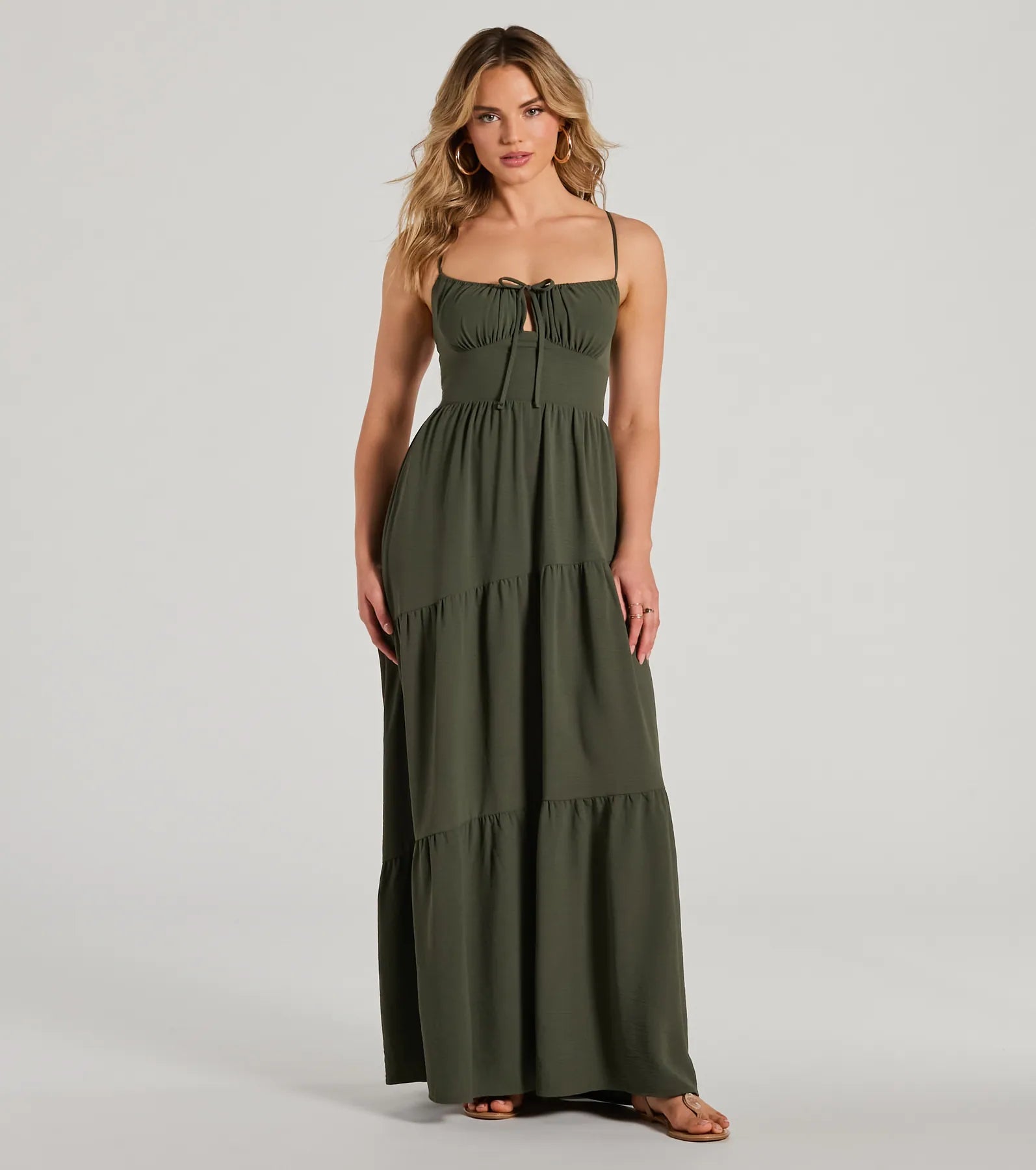 Coastal Dream Lace-Up Ruffled Maxi Dress