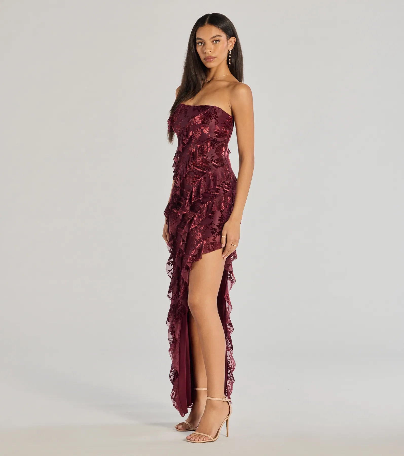 Brie Strapless Ruffled Slit Formal Dress