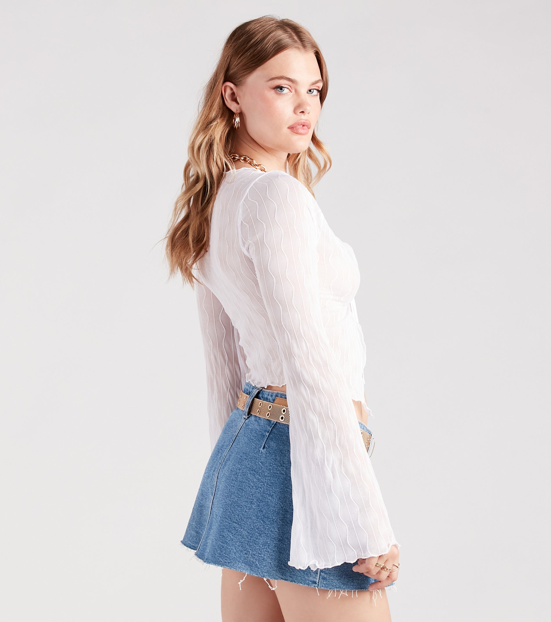 Texture Babe Bell Sleeve Tie-Front Crop Top