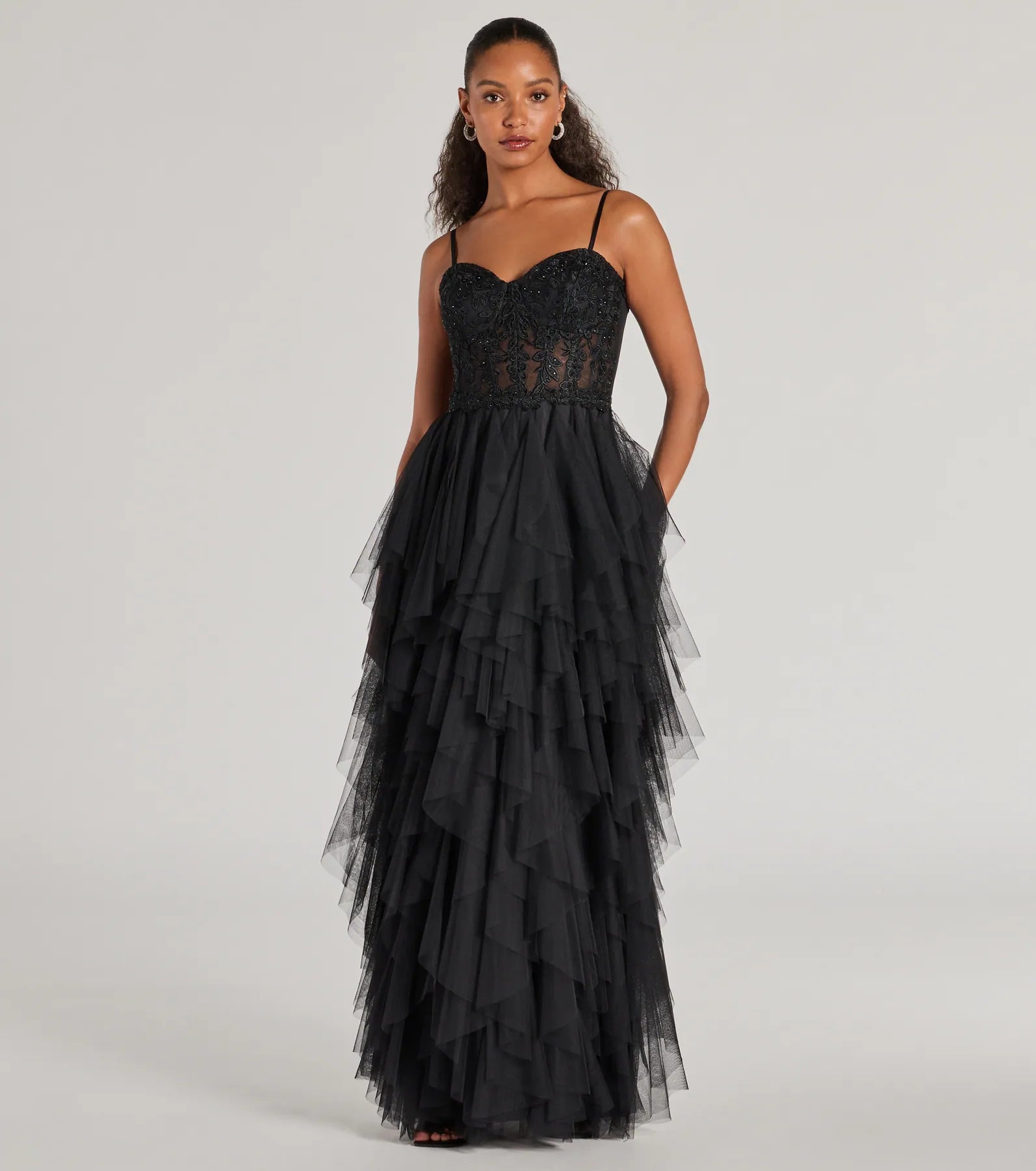 Keyla Floral Applique Tiered Ruffle Tulle Gown