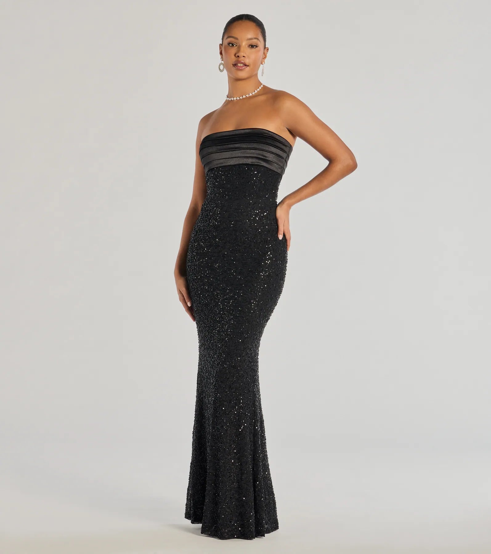 Stacey Strapless Satin Sequin Mermaid Formal Dress