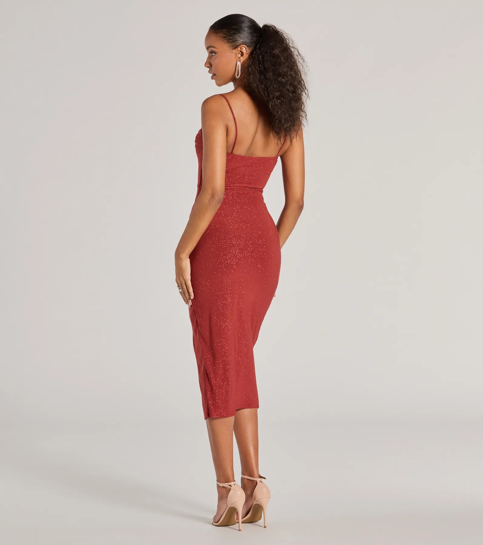 Joelle Wrap-Front Glitter Knit Formal Midi Dress