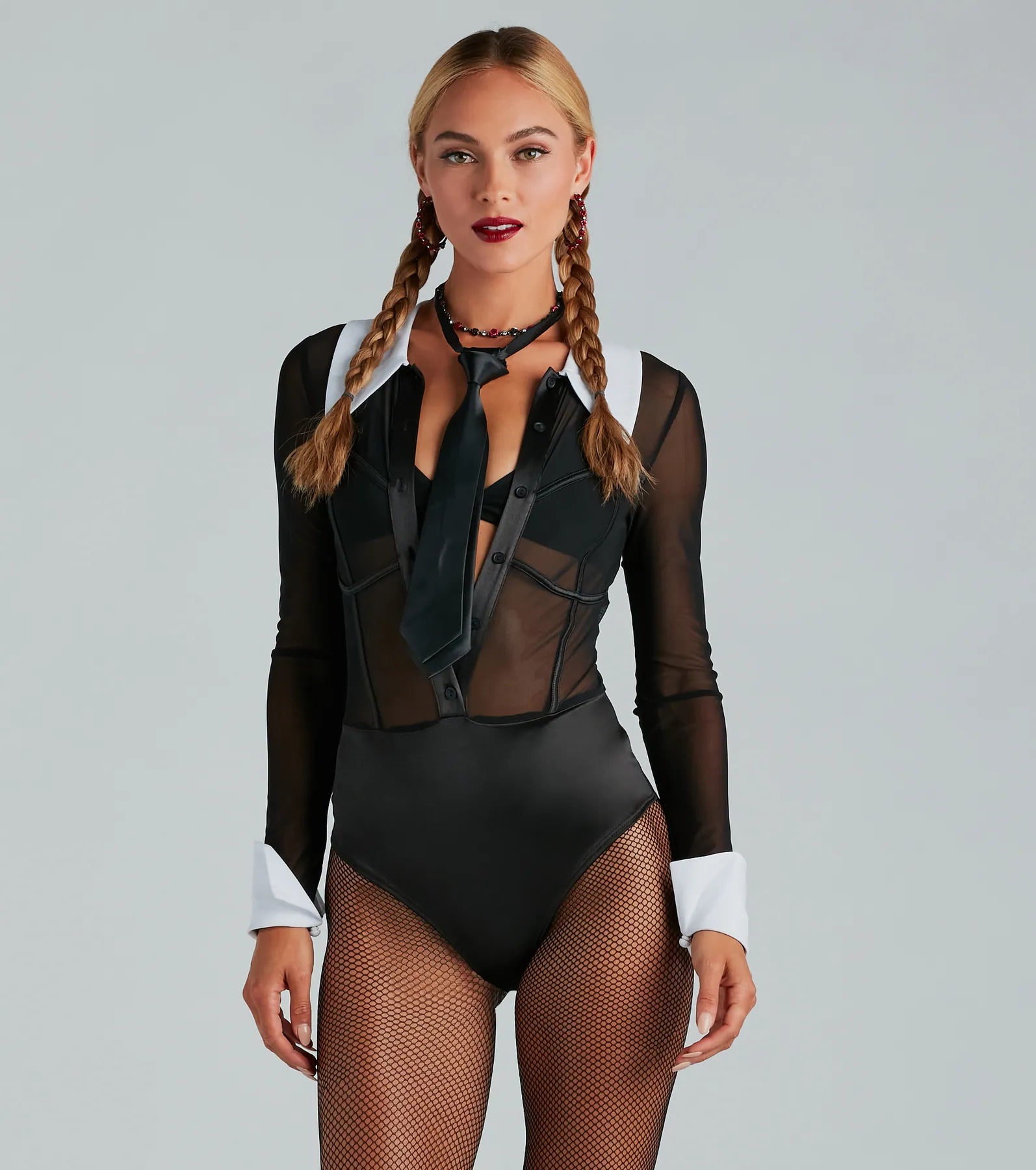 Gothic-Prep Cutie Mesh Collared Tie Bodysuit